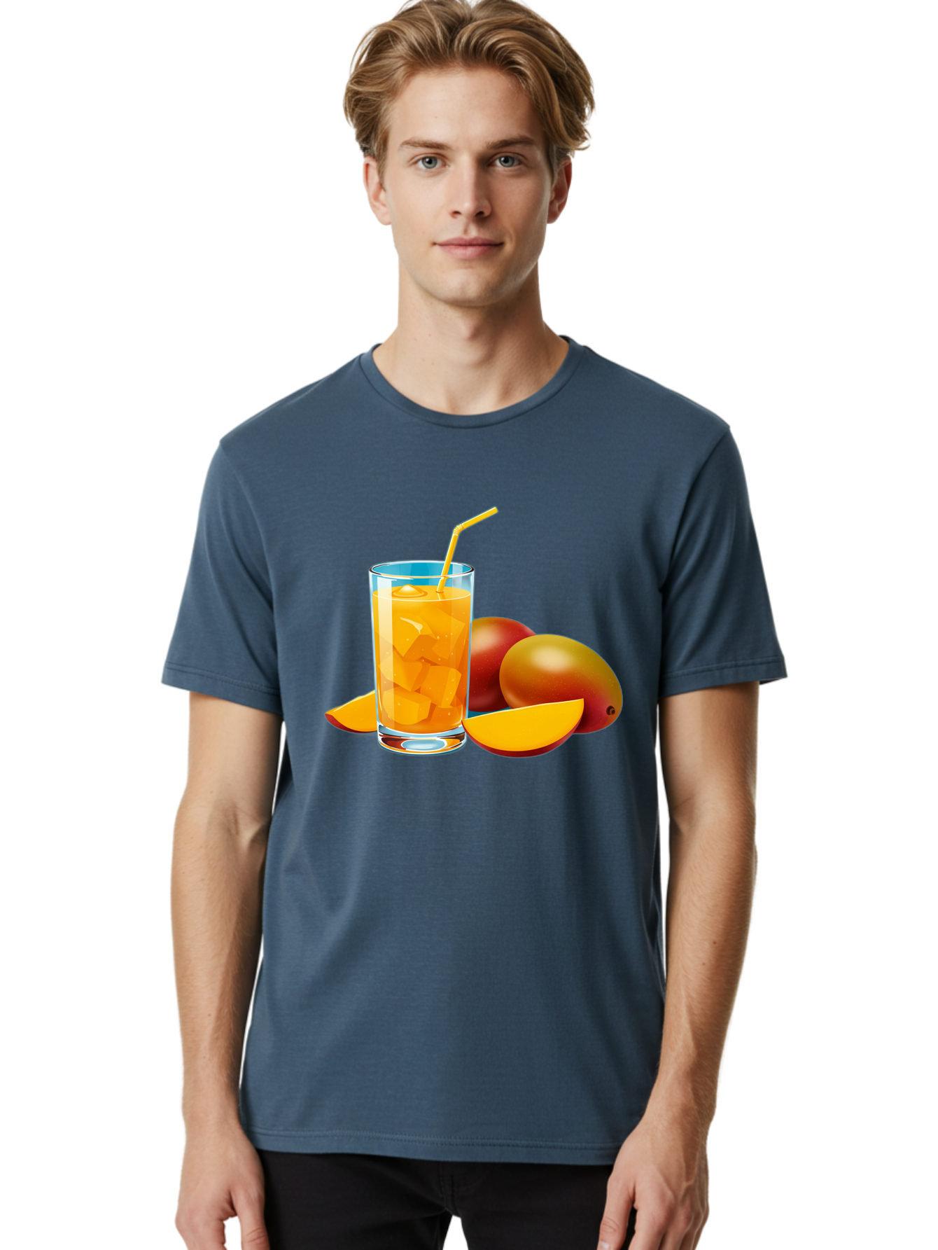 Mango-Juice-2 Men'S Graphic Tee, 100% Cotton, Comfortable Casual Summer Wear, Machine Washable, Mango Juice, Refreshing Drink, Cold Beverage, Tropical Fruit, Mango Chunks, Yellow Straw, Red Mango, Sliced Mango, Summer Drink Bac146