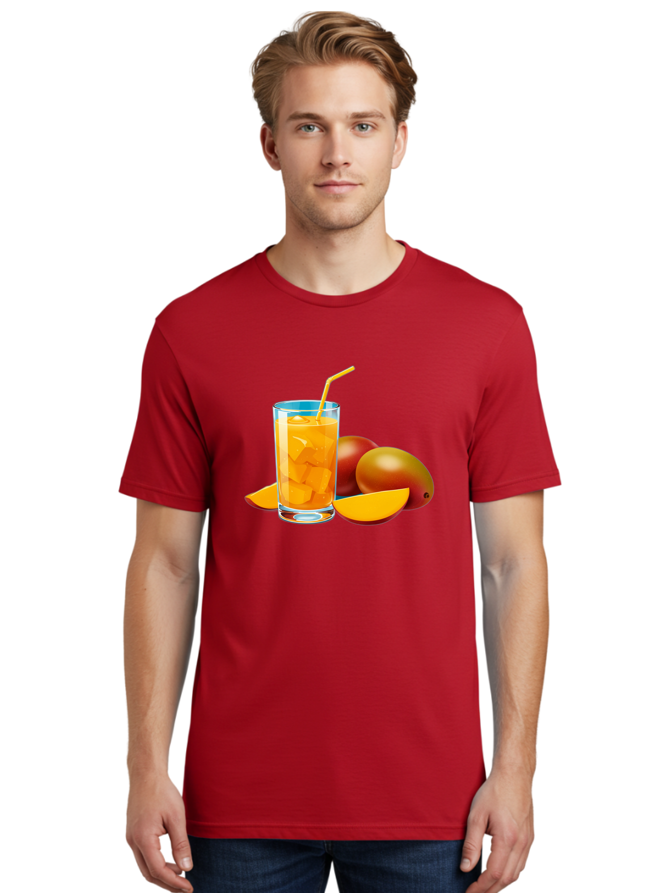Mango-Juice-2 Men'S Graphic Tee, 100% Cotton, Comfortable Casual Summer Wear, Machine Washable, Mango Juice, Refreshing Drink, Cold Beverage, Tropical Fruit, Mango Chunks, Yellow Straw, Red Mango, Sliced Mango, Summer Drink Bac146
