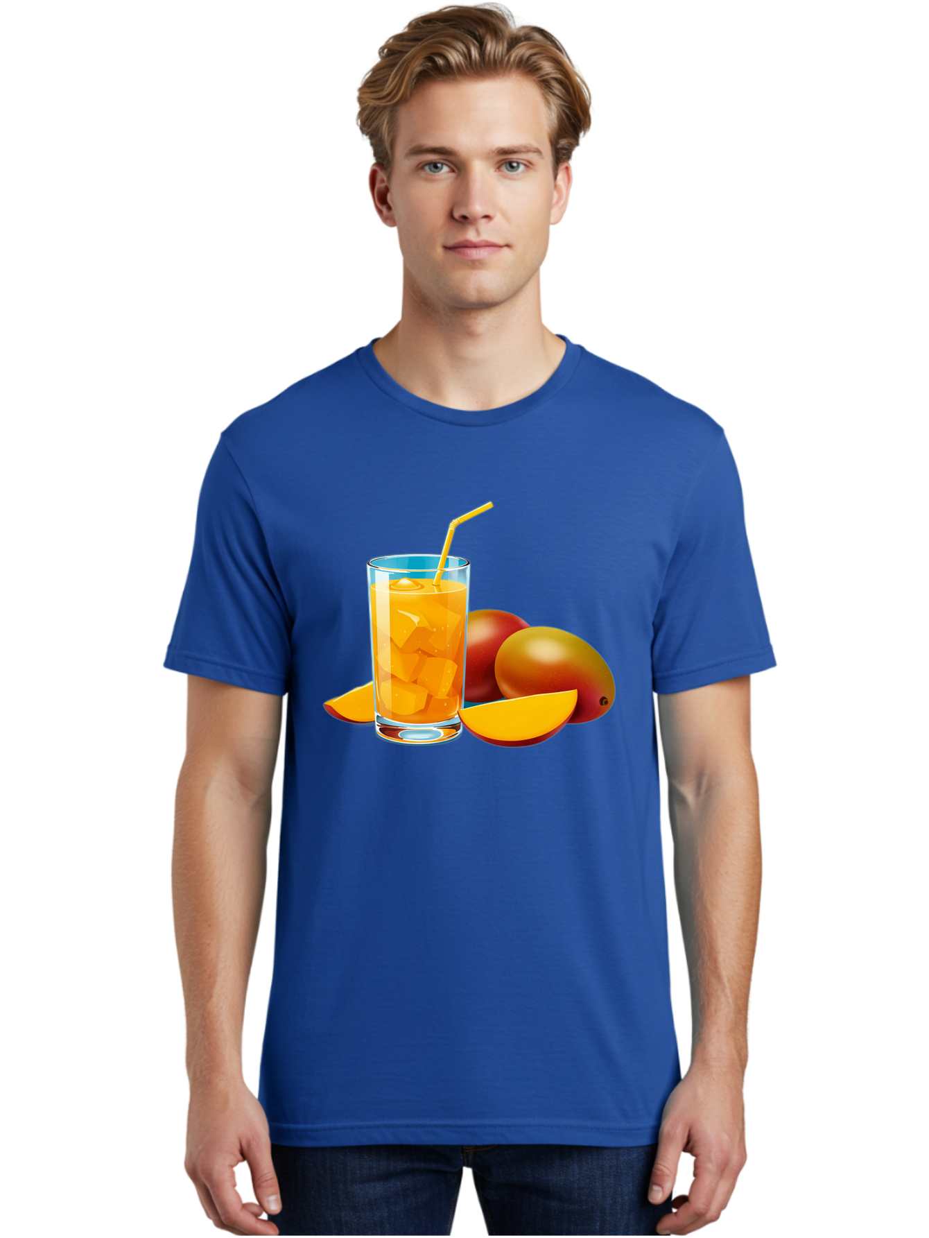 Mango-Juice-2 Men'S Graphic Tee, 100% Cotton, Comfortable Casual Summer Wear, Machine Washable, Mango Juice, Refreshing Drink, Cold Beverage, Tropical Fruit, Mango Chunks, Yellow Straw, Red Mango, Sliced Mango, Summer Drink Bac146