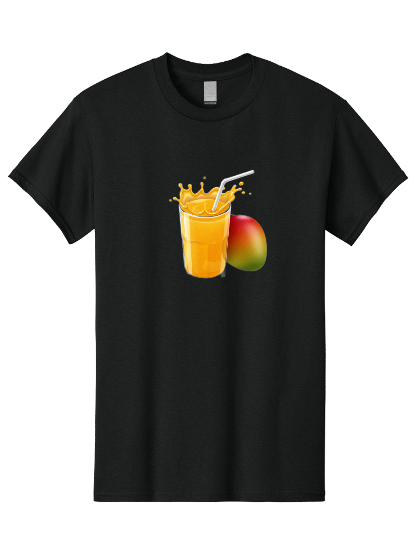 Mango-Juice-3 Men'S Graphic Tee, 100% Cotton, Comfortable Casual Summer Wear, Machine Washable, Mango Juice, Refreshing Drink, Tropical Flavor, Summer Beverage, Healthy Smoothie, Vibrant Orange Color, Splashing Juice, Straw, Whole Mango, Bac147