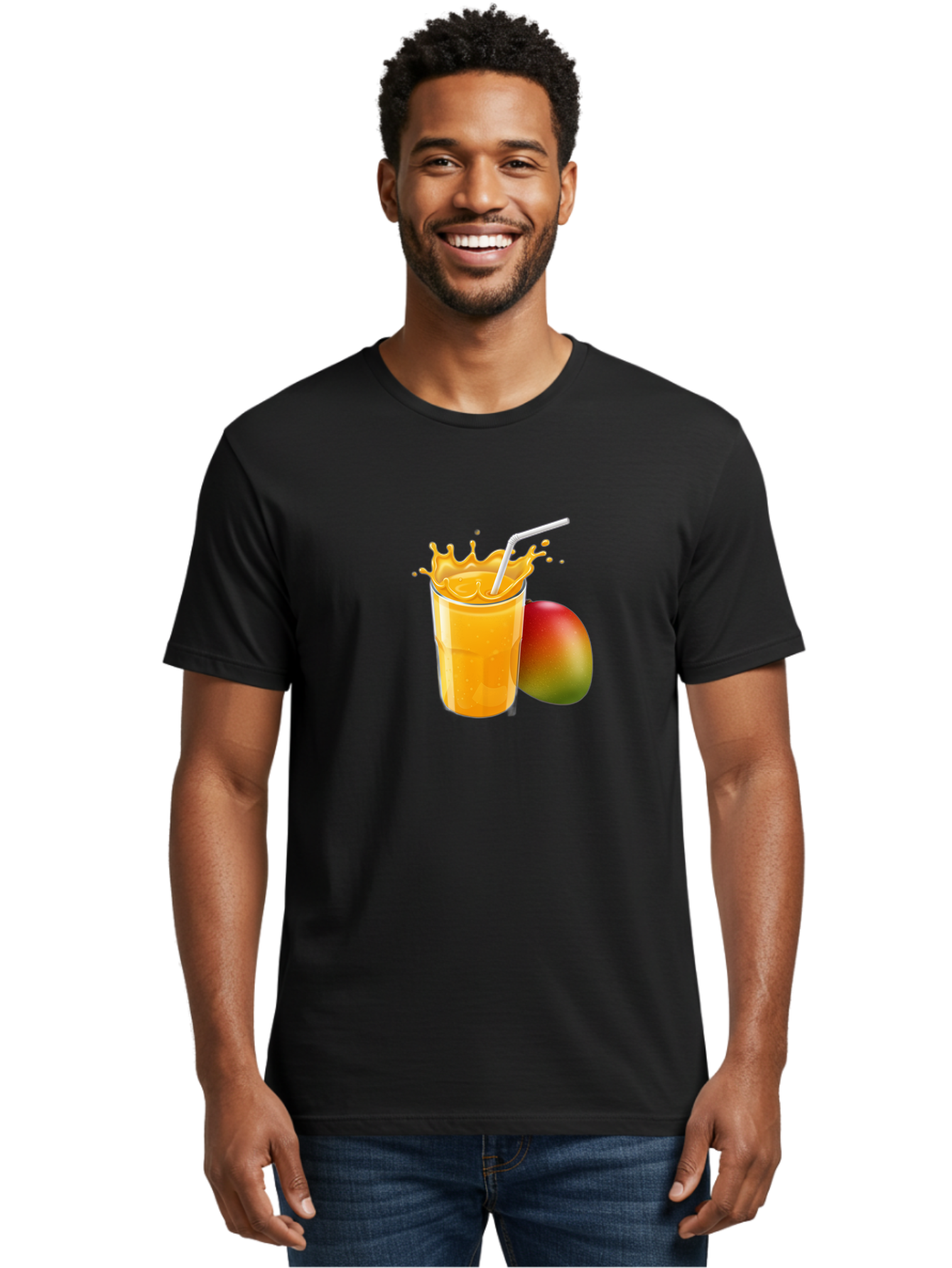 Mango-Juice-3 Men'S Graphic Tee, 100% Cotton, Comfortable Casual Summer Wear, Machine Washable, Mango Juice, Refreshing Drink, Tropical Flavor, Summer Beverage, Healthy Smoothie, Vibrant Orange Color, Splashing Juice, Straw, Whole Mango, Bac147