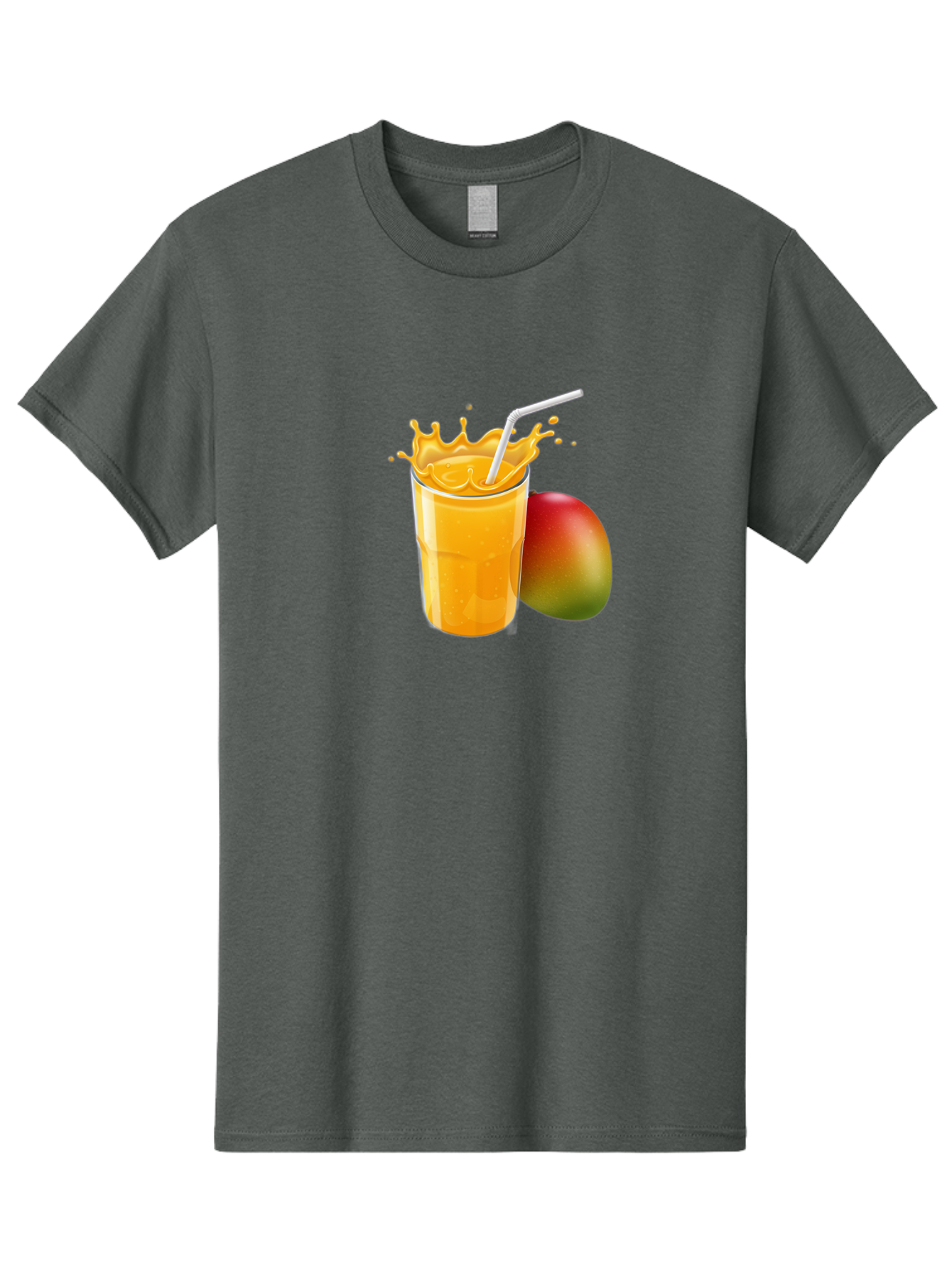 Mango-Juice-3 Men'S Graphic Tee, 100% Cotton, Comfortable Casual Summer Wear, Machine Washable, Mango Juice, Refreshing Drink, Tropical Flavor, Summer Beverage, Healthy Smoothie, Vibrant Orange Color, Splashing Juice, Straw, Whole Mango, Bac147