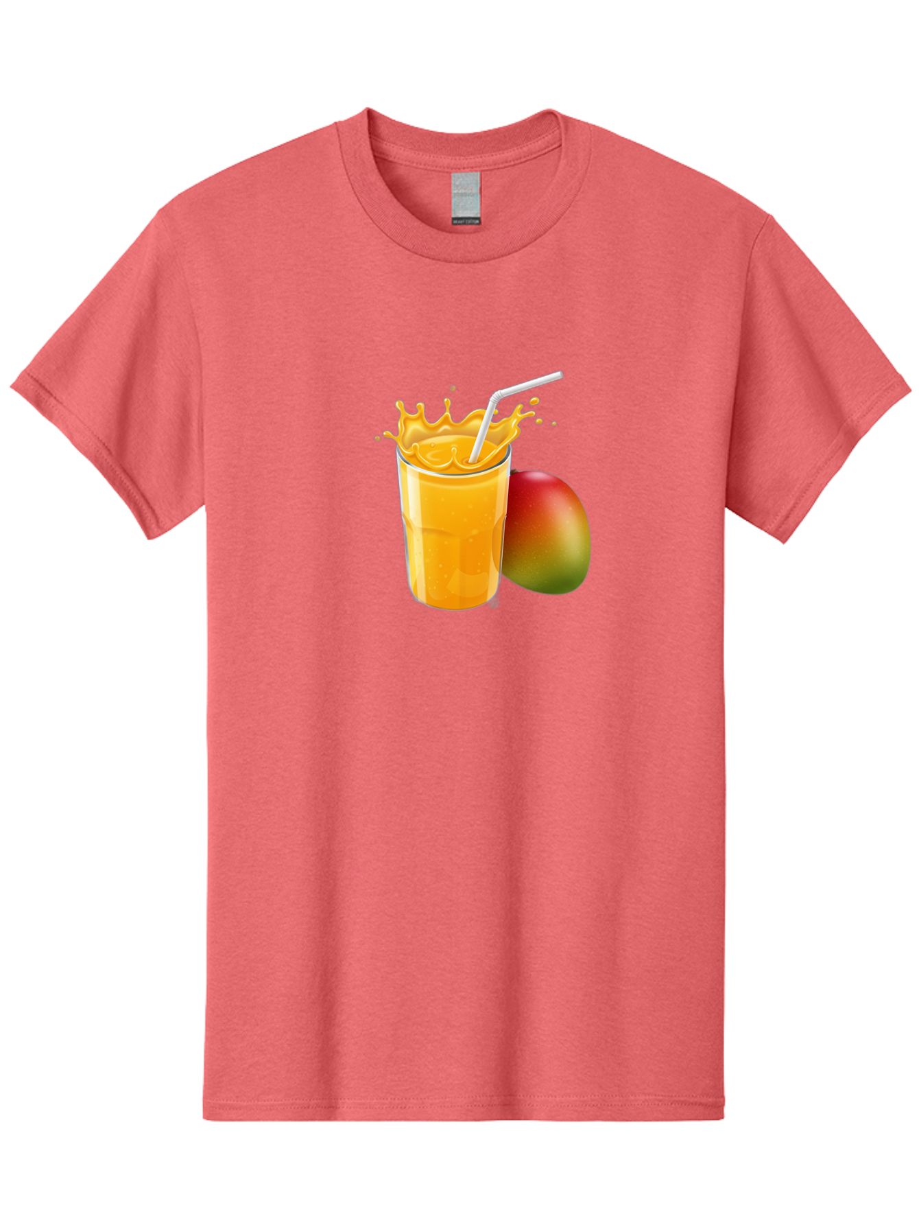 Mango-Juice-3 Men'S Graphic Tee, 100% Cotton, Comfortable Casual Summer Wear, Machine Washable, Mango Juice, Refreshing Drink, Tropical Flavor, Summer Beverage, Healthy Smoothie, Vibrant Orange Color, Splashing Juice, Straw, Whole Mango, Bac147