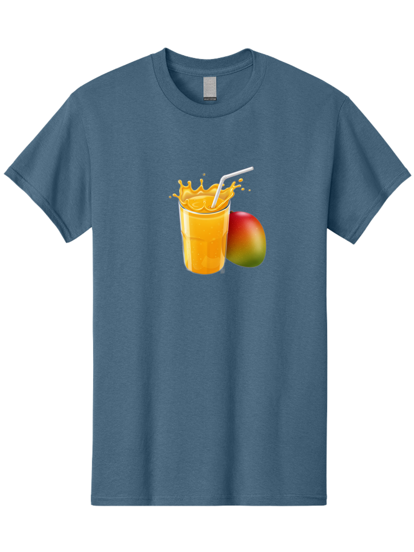 Mango-Juice-3 Men'S Graphic Tee, 100% Cotton, Comfortable Casual Summer Wear, Machine Washable, Mango Juice, Refreshing Drink, Tropical Flavor, Summer Beverage, Healthy Smoothie, Vibrant Orange Color, Splashing Juice, Straw, Whole Mango, Bac147