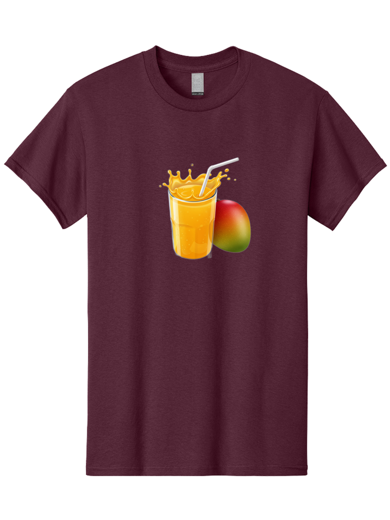 Mango-Juice-3 Men'S Graphic Tee, 100% Cotton, Comfortable Casual Summer Wear, Machine Washable, Mango Juice, Refreshing Drink, Tropical Flavor, Summer Beverage, Healthy Smoothie, Vibrant Orange Color, Splashing Juice, Straw, Whole Mango, Bac147