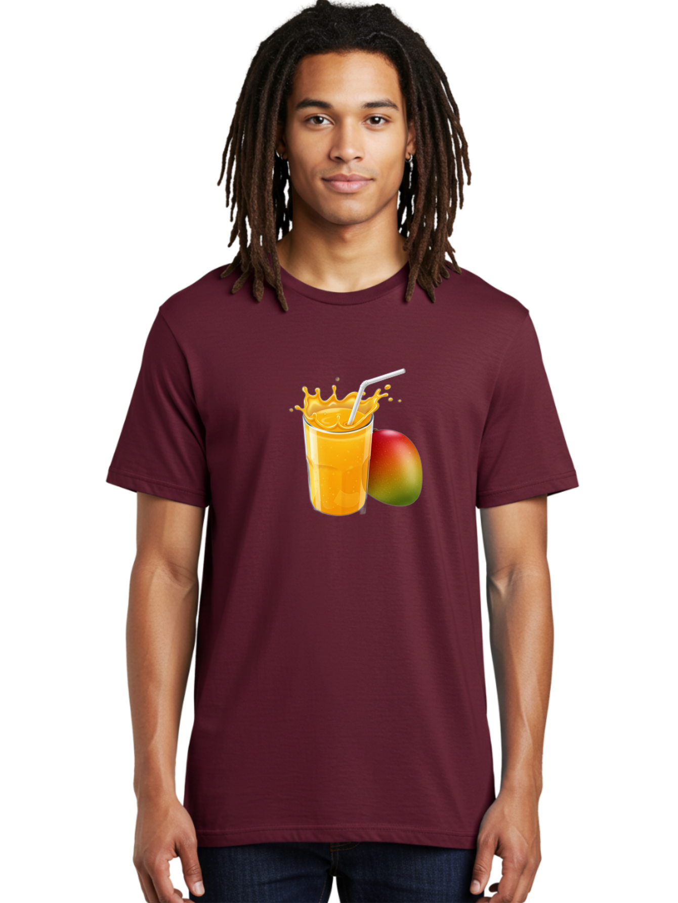 Mango-Juice-3 Men'S Graphic Tee, 100% Cotton, Comfortable Casual Summer Wear, Machine Washable, Mango Juice, Refreshing Drink, Tropical Flavor, Summer Beverage, Healthy Smoothie, Vibrant Orange Color, Splashing Juice, Straw, Whole Mango, Bac147