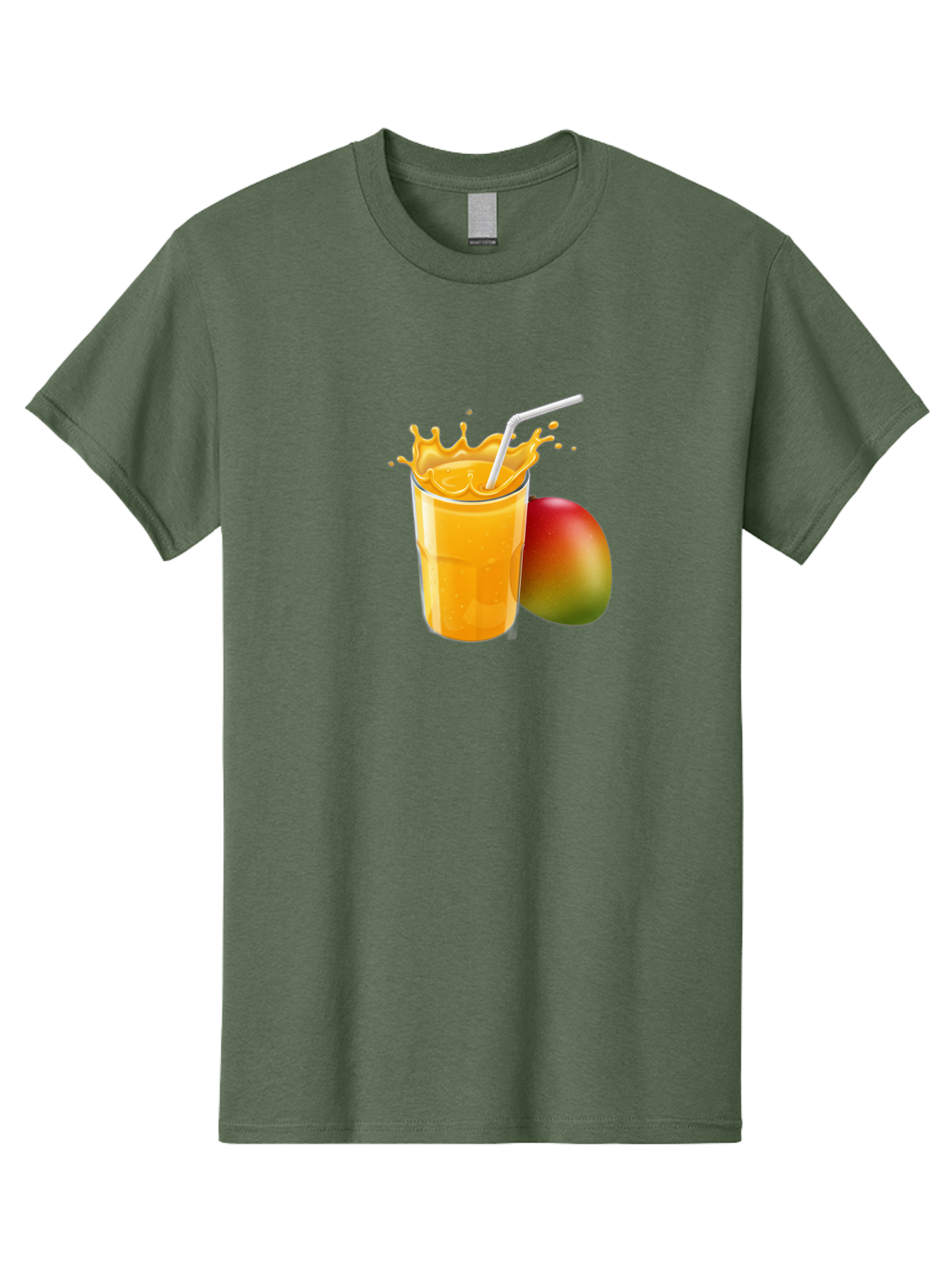 Mango-Juice-3 Men'S Graphic Tee, 100% Cotton, Comfortable Casual Summer Wear, Machine Washable, Mango Juice, Refreshing Drink, Tropical Flavor, Summer Beverage, Healthy Smoothie, Vibrant Orange Color, Splashing Juice, Straw, Whole Mango, Bac147