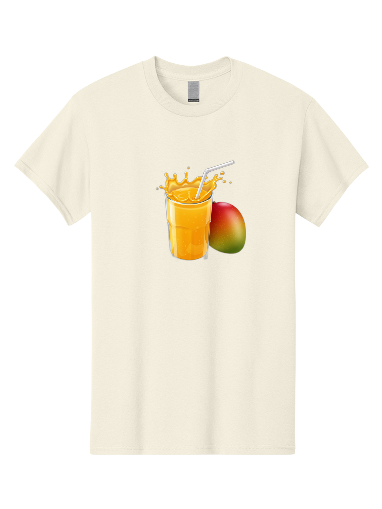 Mango-Juice-3 Men'S Graphic Tee, 100% Cotton, Comfortable Casual Summer Wear, Machine Washable, Mango Juice, Refreshing Drink, Tropical Flavor, Summer Beverage, Healthy Smoothie, Vibrant Orange Color, Splashing Juice, Straw, Whole Mango, Bac147
