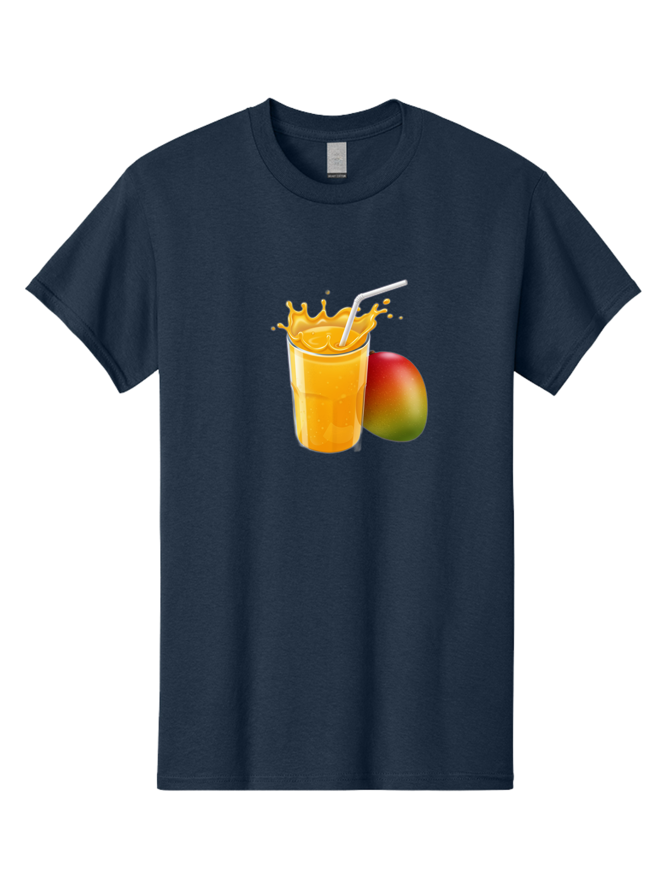 Mango-Juice-3 Men'S Graphic Tee, 100% Cotton, Comfortable Casual Summer Wear, Machine Washable, Mango Juice, Refreshing Drink, Tropical Flavor, Summer Beverage, Healthy Smoothie, Vibrant Orange Color, Splashing Juice, Straw, Whole Mango, Bac147