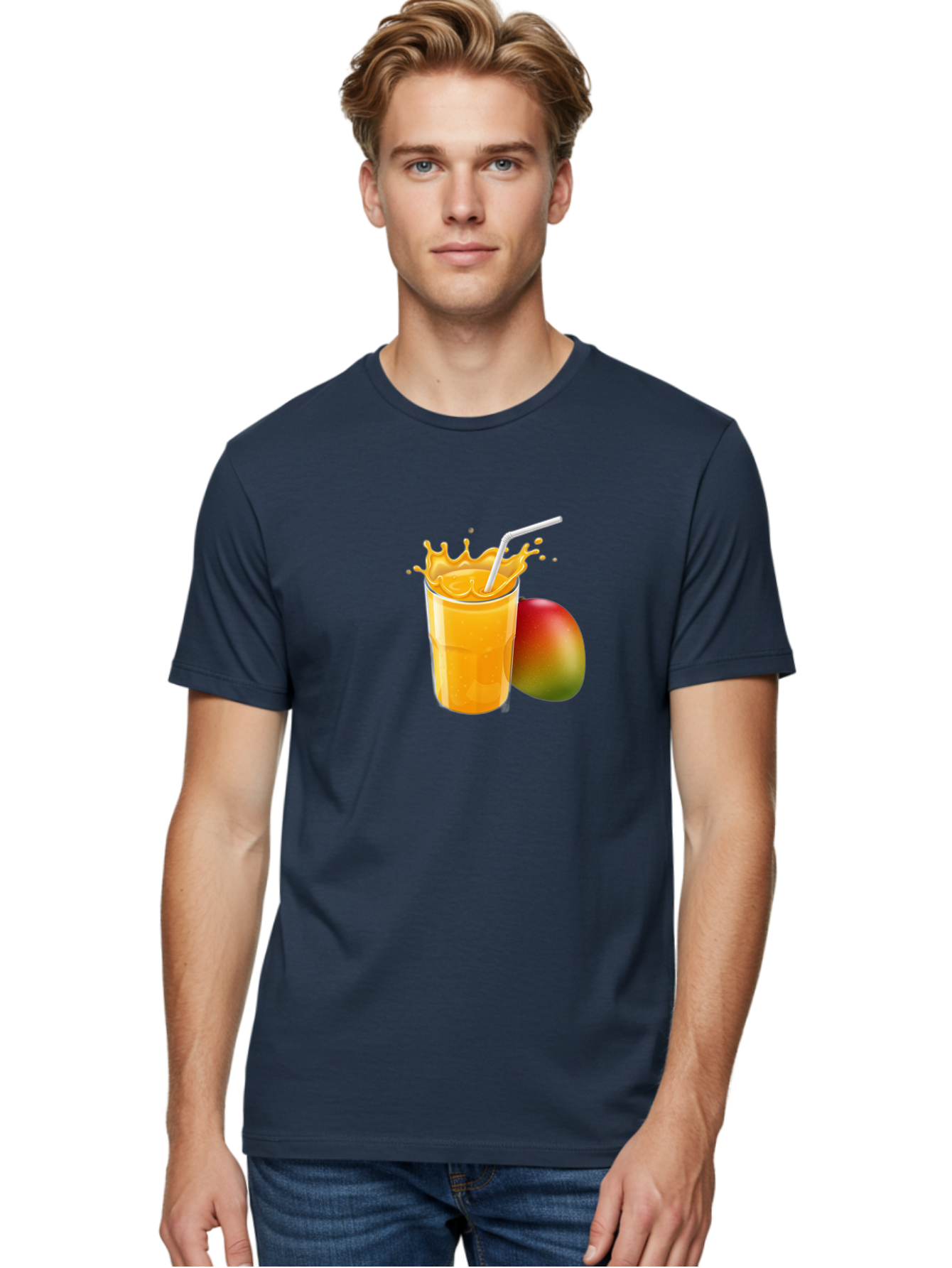 Mango-Juice-3 Men'S Graphic Tee, 100% Cotton, Comfortable Casual Summer Wear, Machine Washable, Mango Juice, Refreshing Drink, Tropical Flavor, Summer Beverage, Healthy Smoothie, Vibrant Orange Color, Splashing Juice, Straw, Whole Mango, Bac147