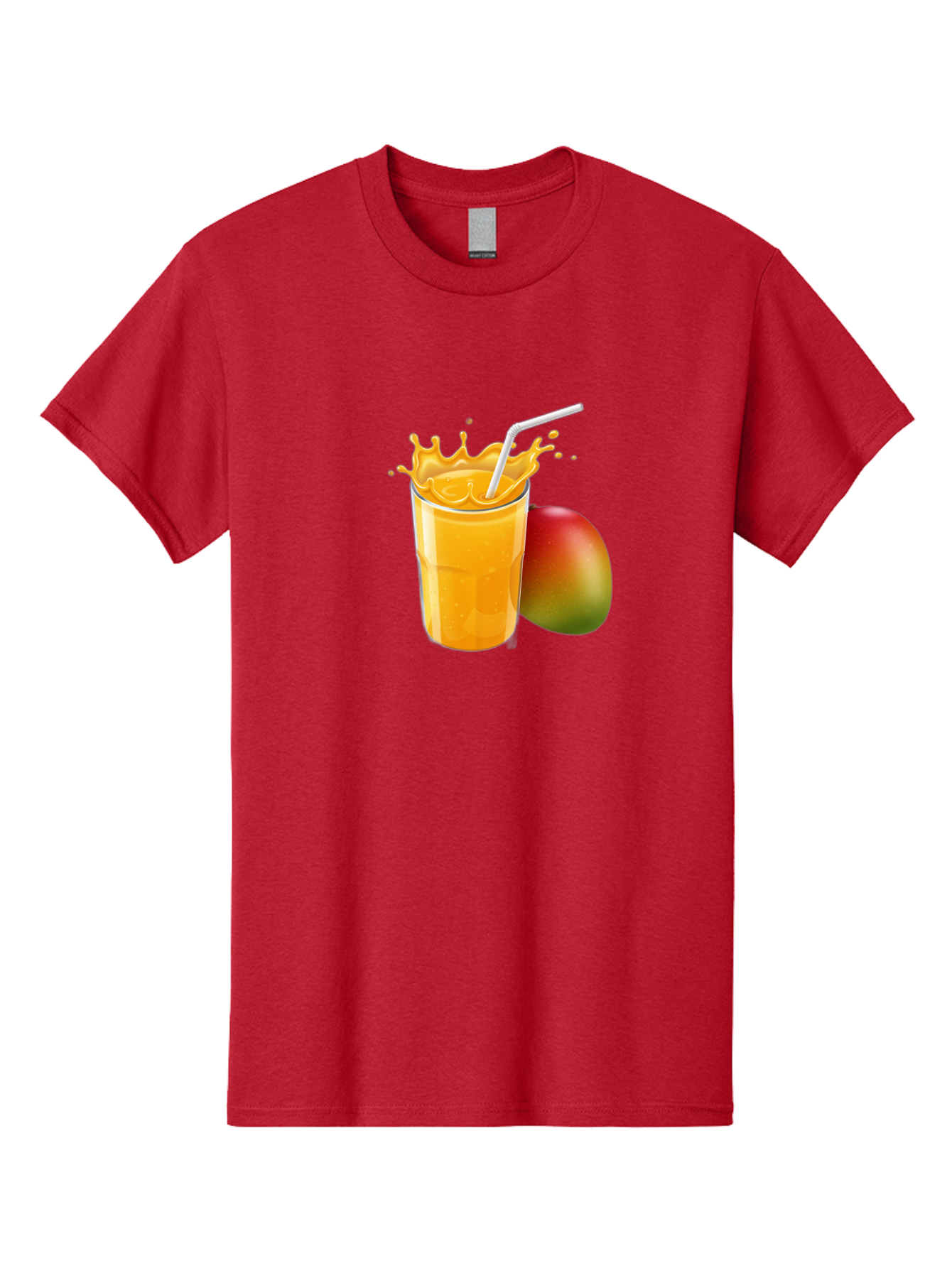 Mango-Juice-3 Men'S Graphic Tee, 100% Cotton, Comfortable Casual Summer Wear, Machine Washable, Mango Juice, Refreshing Drink, Tropical Flavor, Summer Beverage, Healthy Smoothie, Vibrant Orange Color, Splashing Juice, Straw, Whole Mango, Bac147