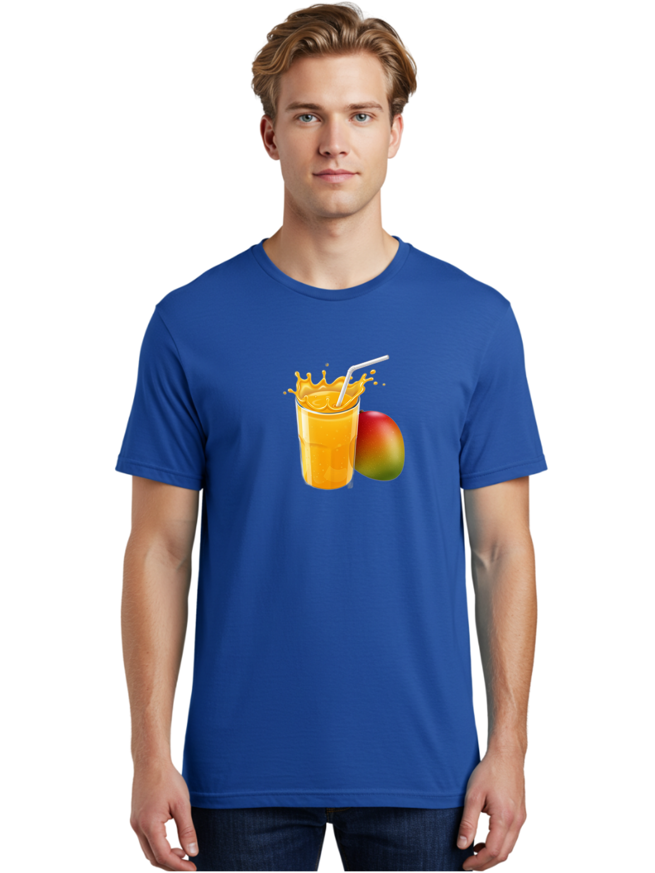 Mango-Juice-3 Men'S Graphic Tee, 100% Cotton, Comfortable Casual Summer Wear, Machine Washable, Mango Juice, Refreshing Drink, Tropical Flavor, Summer Beverage, Healthy Smoothie, Vibrant Orange Color, Splashing Juice, Straw, Whole Mango, Bac147