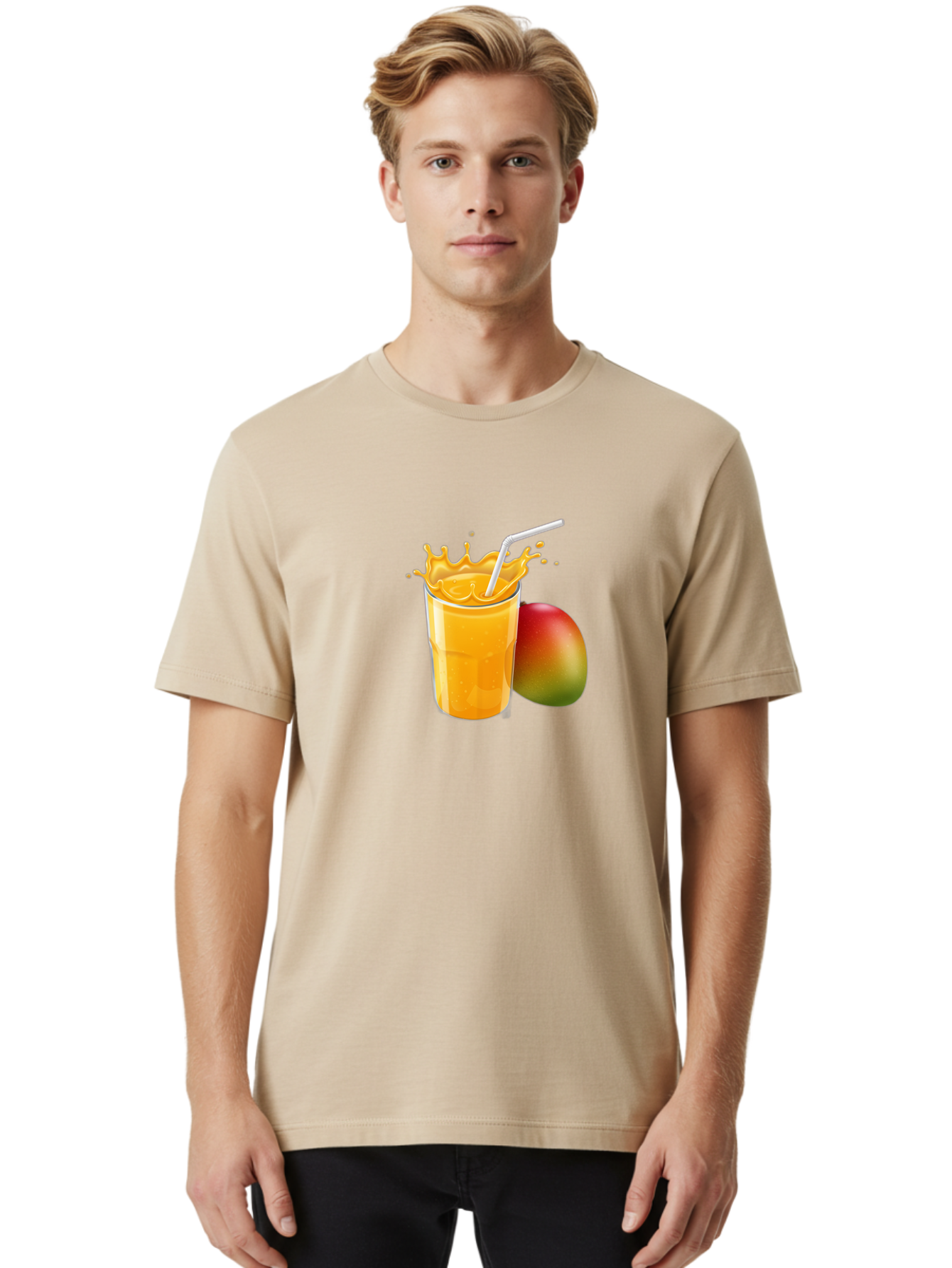 Mango-Juice-3 Men'S Graphic Tee, 100% Cotton, Comfortable Casual Summer Wear, Machine Washable, Mango Juice, Refreshing Drink, Tropical Flavor, Summer Beverage, Healthy Smoothie, Vibrant Orange Color, Splashing Juice, Straw, Whole Mango, Bac147