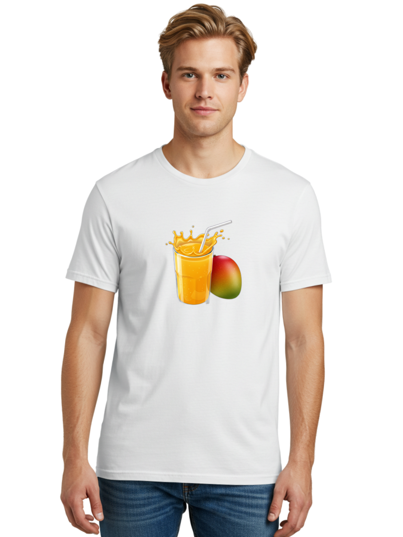 Mango-Juice-3 Men'S Graphic Tee, 100% Cotton, Comfortable Casual Summer Wear, Machine Washable, Mango Juice, Refreshing Drink, Tropical Flavor, Summer Beverage, Healthy Smoothie, Vibrant Orange Color, Splashing Juice, Straw, Whole Mango, Bac147