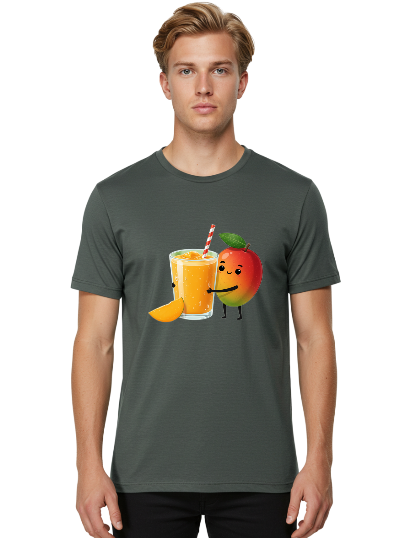Mango-Juice Men'S Graphic Tee, 100% Cotton, Comfortable Casual Summer Wear, Machine Washable, Mango Juice, Cartoon Characters, Orange Juice, Fruit Juice, Healthy Drink, Refreshing Beverage, Smiling Mango, Cute Character, Orange Drink Bac150