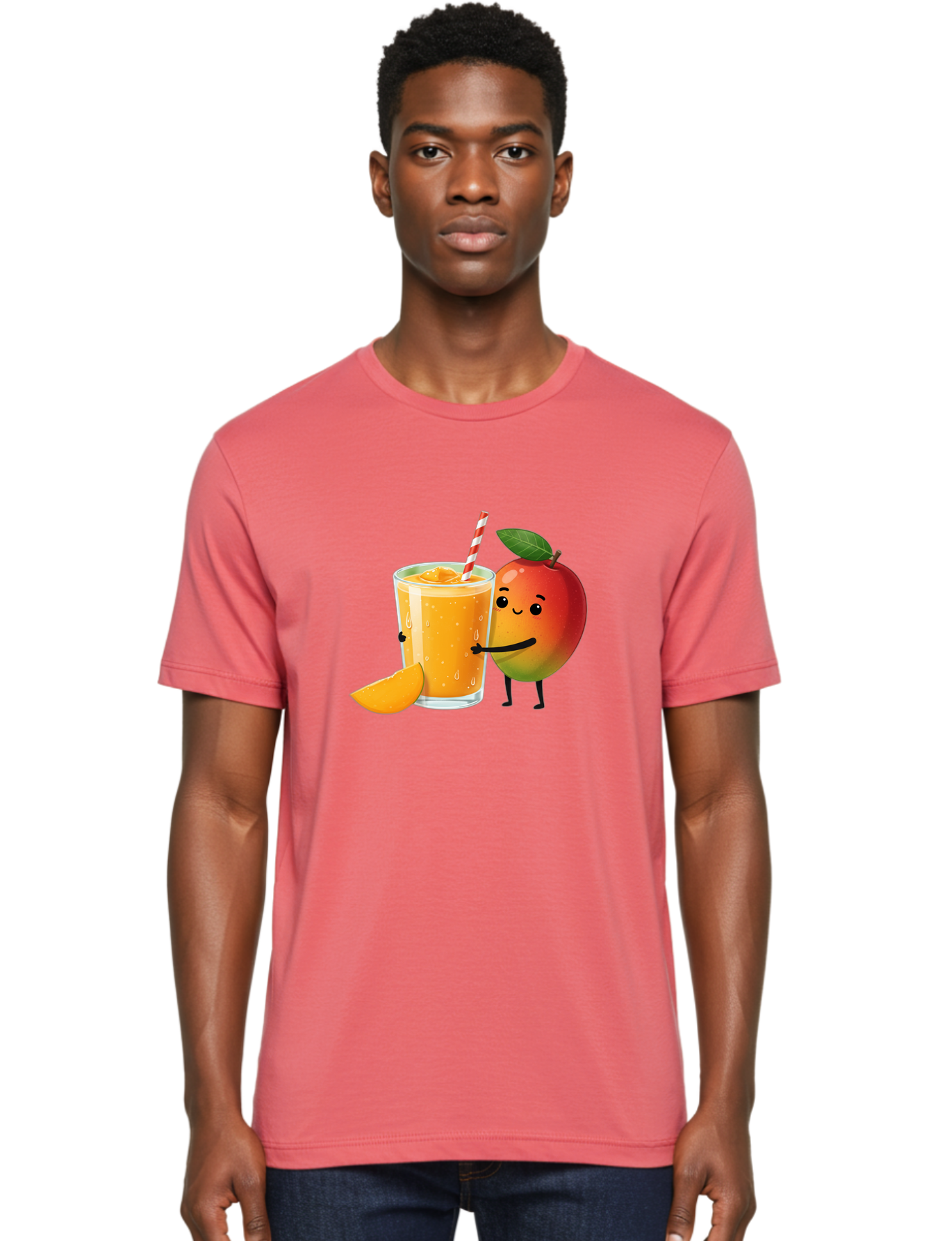Mango-Juice Men'S Graphic Tee, 100% Cotton, Comfortable Casual Summer Wear, Machine Washable, Mango Juice, Cartoon Characters, Orange Juice, Fruit Juice, Healthy Drink, Refreshing Beverage, Smiling Mango, Cute Character, Orange Drink Bac150