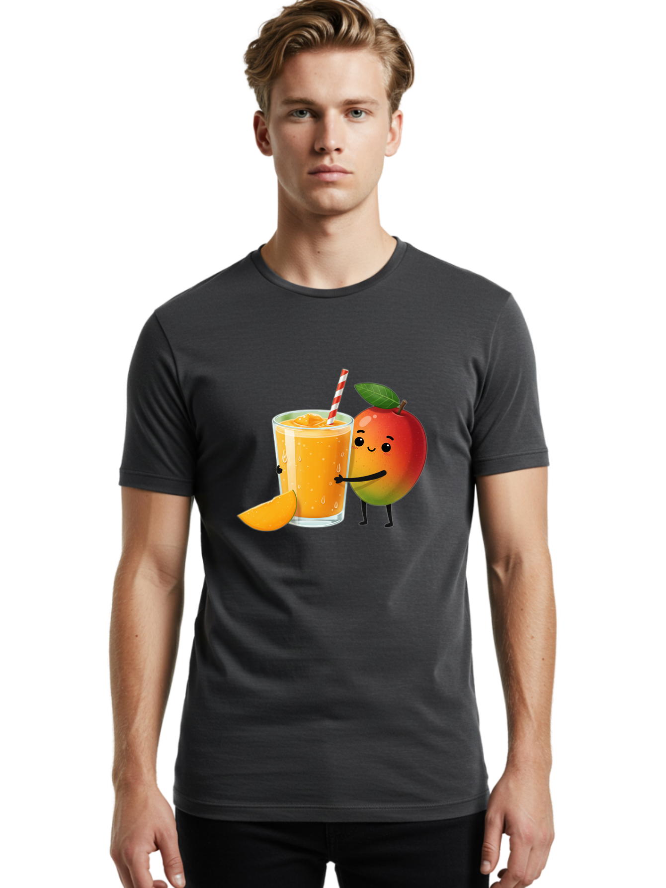 Mango-Juice Men'S Graphic Tee, 100% Cotton, Comfortable Casual Summer Wear, Machine Washable, Mango Juice, Cartoon Characters, Orange Juice, Fruit Juice, Healthy Drink, Refreshing Beverage, Smiling Mango, Cute Character, Orange Drink Bac150