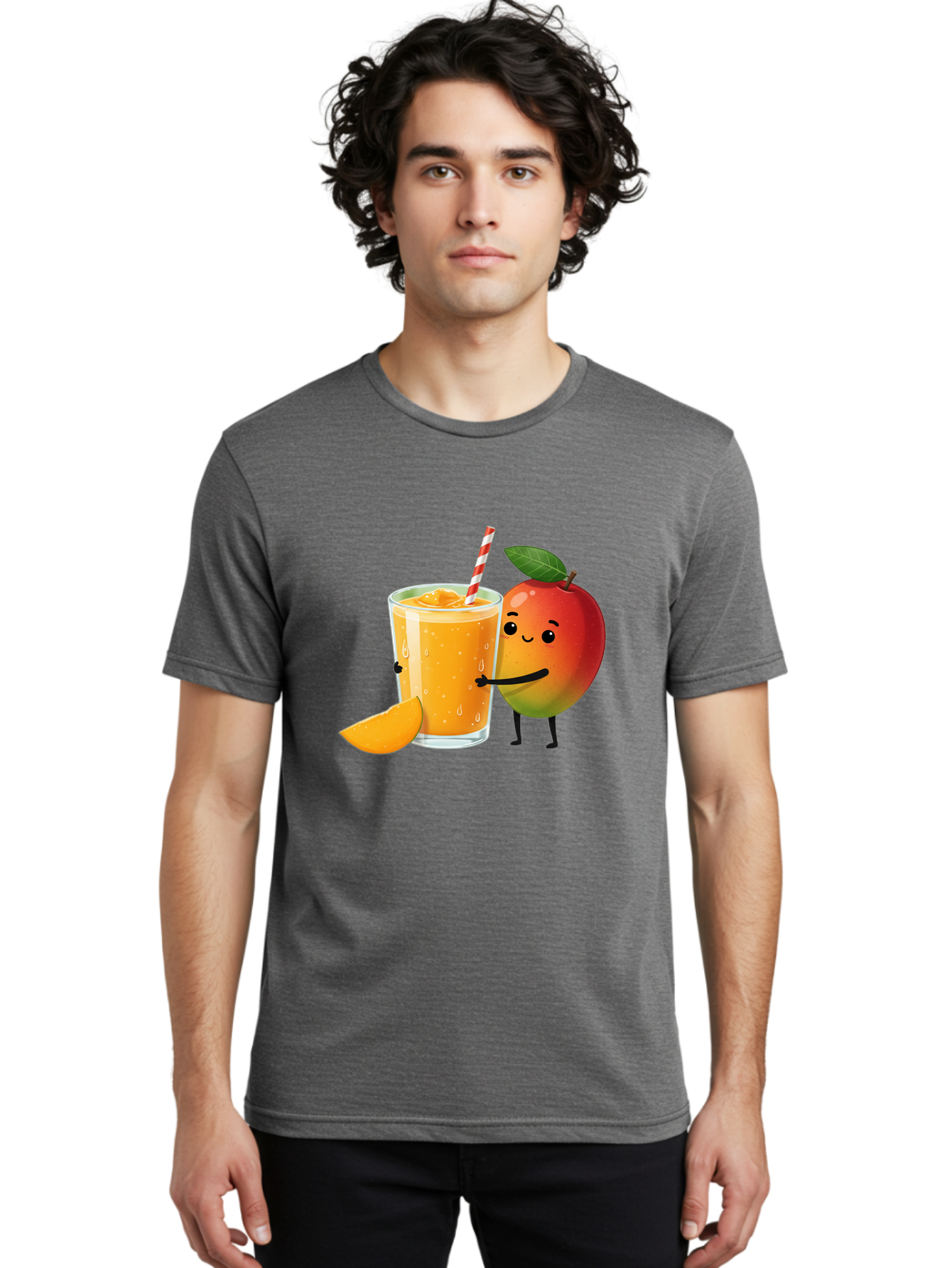 Mango-Juice Men'S Graphic Tee, 100% Cotton, Comfortable Casual Summer Wear, Machine Washable, Mango Juice, Cartoon Characters, Orange Juice, Fruit Juice, Healthy Drink, Refreshing Beverage, Smiling Mango, Cute Character, Orange Drink Bac150