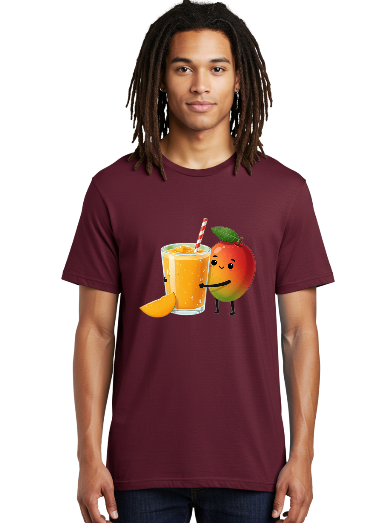 Mango-Juice Men'S Graphic Tee, 100% Cotton, Comfortable Casual Summer Wear, Machine Washable, Mango Juice, Cartoon Characters, Orange Juice, Fruit Juice, Healthy Drink, Refreshing Beverage, Smiling Mango, Cute Character, Orange Drink Bac150