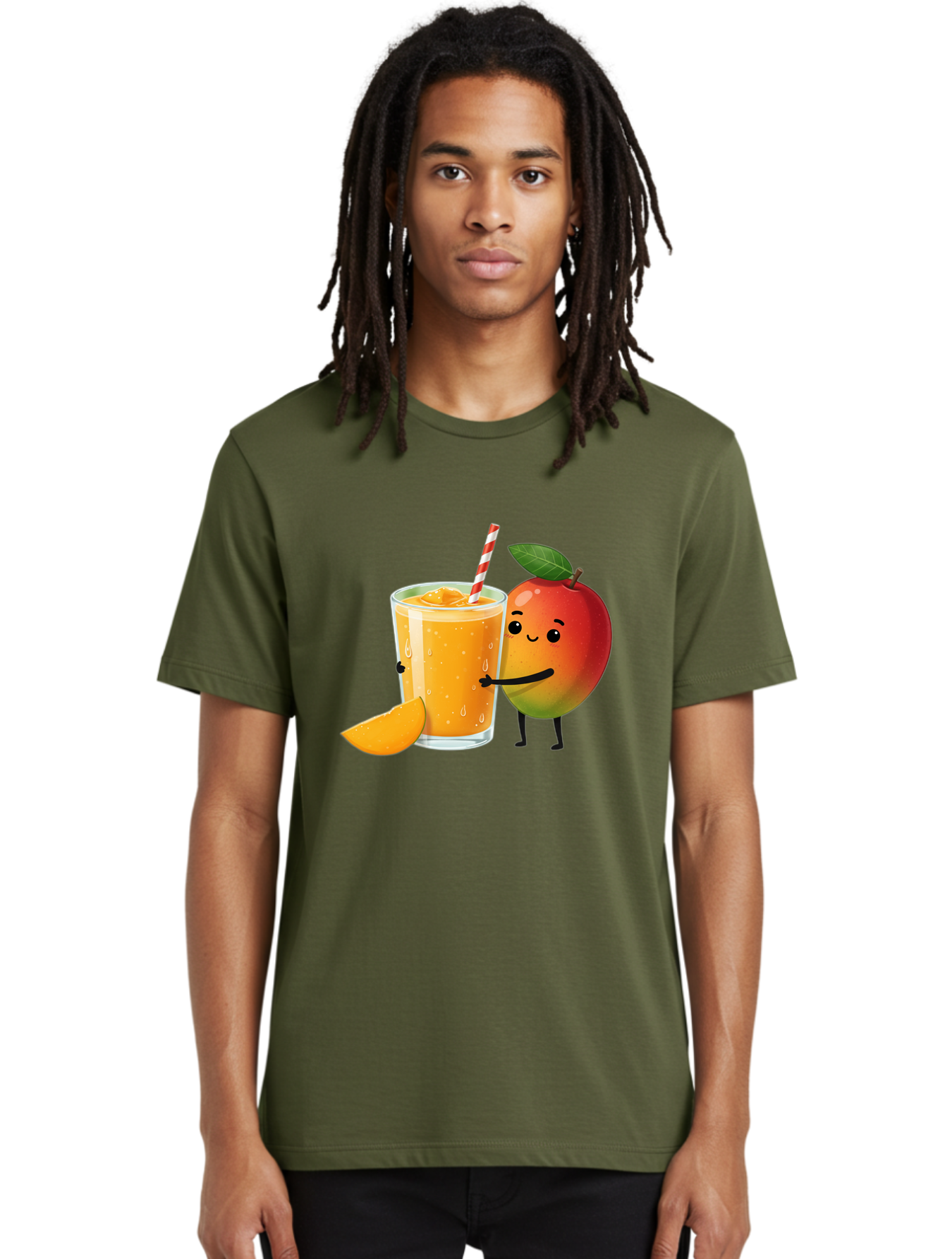 Mango-Juice Men'S Graphic Tee, 100% Cotton, Comfortable Casual Summer Wear, Machine Washable, Mango Juice, Cartoon Characters, Orange Juice, Fruit Juice, Healthy Drink, Refreshing Beverage, Smiling Mango, Cute Character, Orange Drink Bac150
