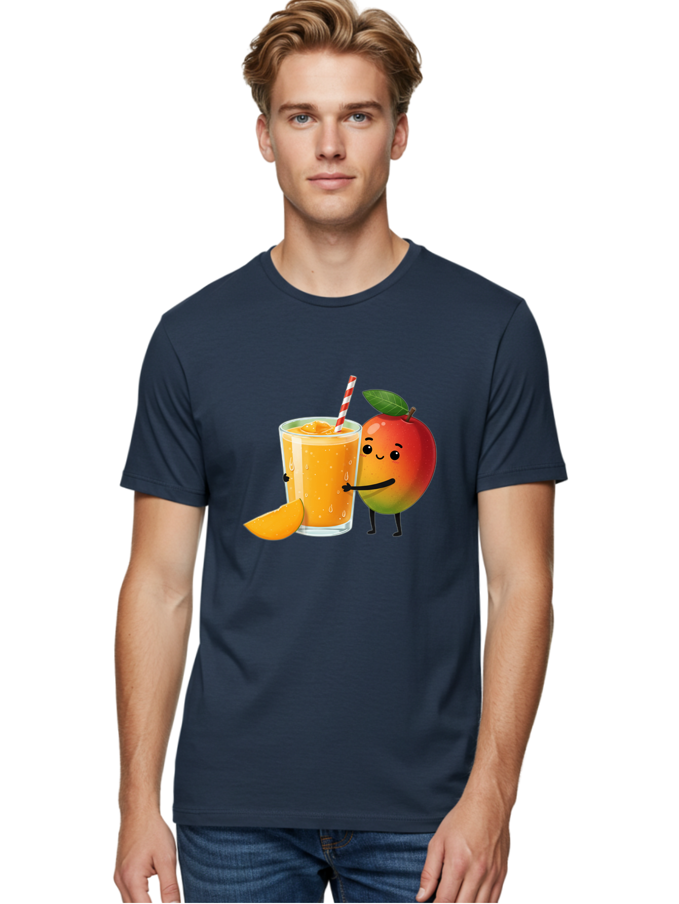 Mango-Juice Men'S Graphic Tee, 100% Cotton, Comfortable Casual Summer Wear, Machine Washable, Mango Juice, Cartoon Characters, Orange Juice, Fruit Juice, Healthy Drink, Refreshing Beverage, Smiling Mango, Cute Character, Orange Drink Bac150