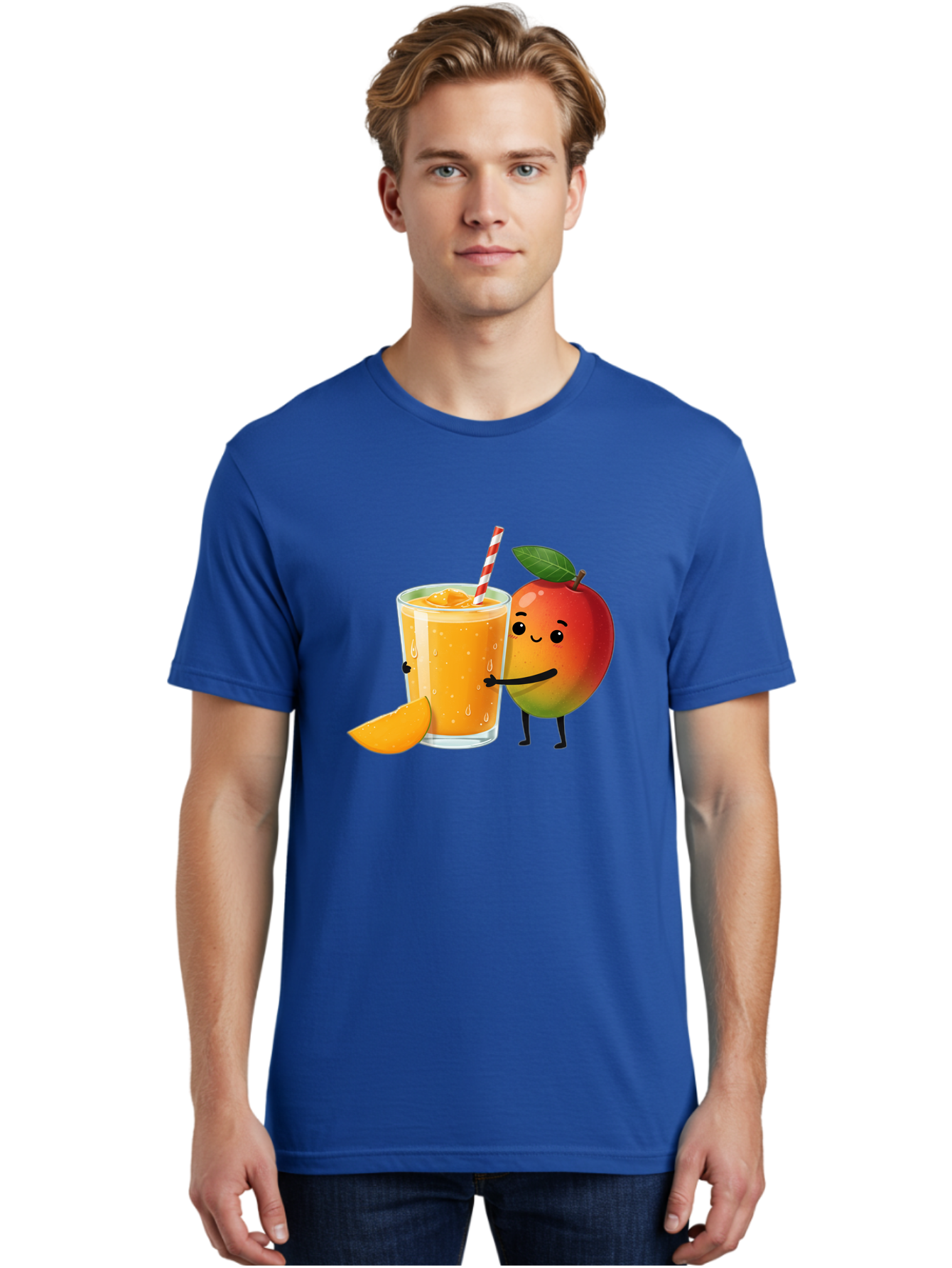 Mango-Juice Men'S Graphic Tee, 100% Cotton, Comfortable Casual Summer Wear, Machine Washable, Mango Juice, Cartoon Characters, Orange Juice, Fruit Juice, Healthy Drink, Refreshing Beverage, Smiling Mango, Cute Character, Orange Drink Bac150