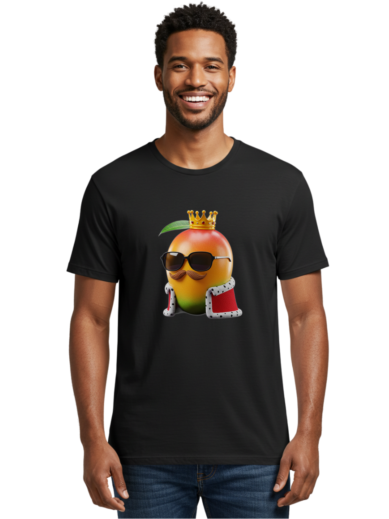 Mango-King Men'S Graphic Tee, 100% Cotton, Comfortable Casual Summer Wear, Machine Washable, Cartoon Mango Character, Mango With Sunglasses, Crown On Mango, Royal Treatment, Funny Fruit, Mango Illustration, Whimsical Design, Playful Art, Bac151