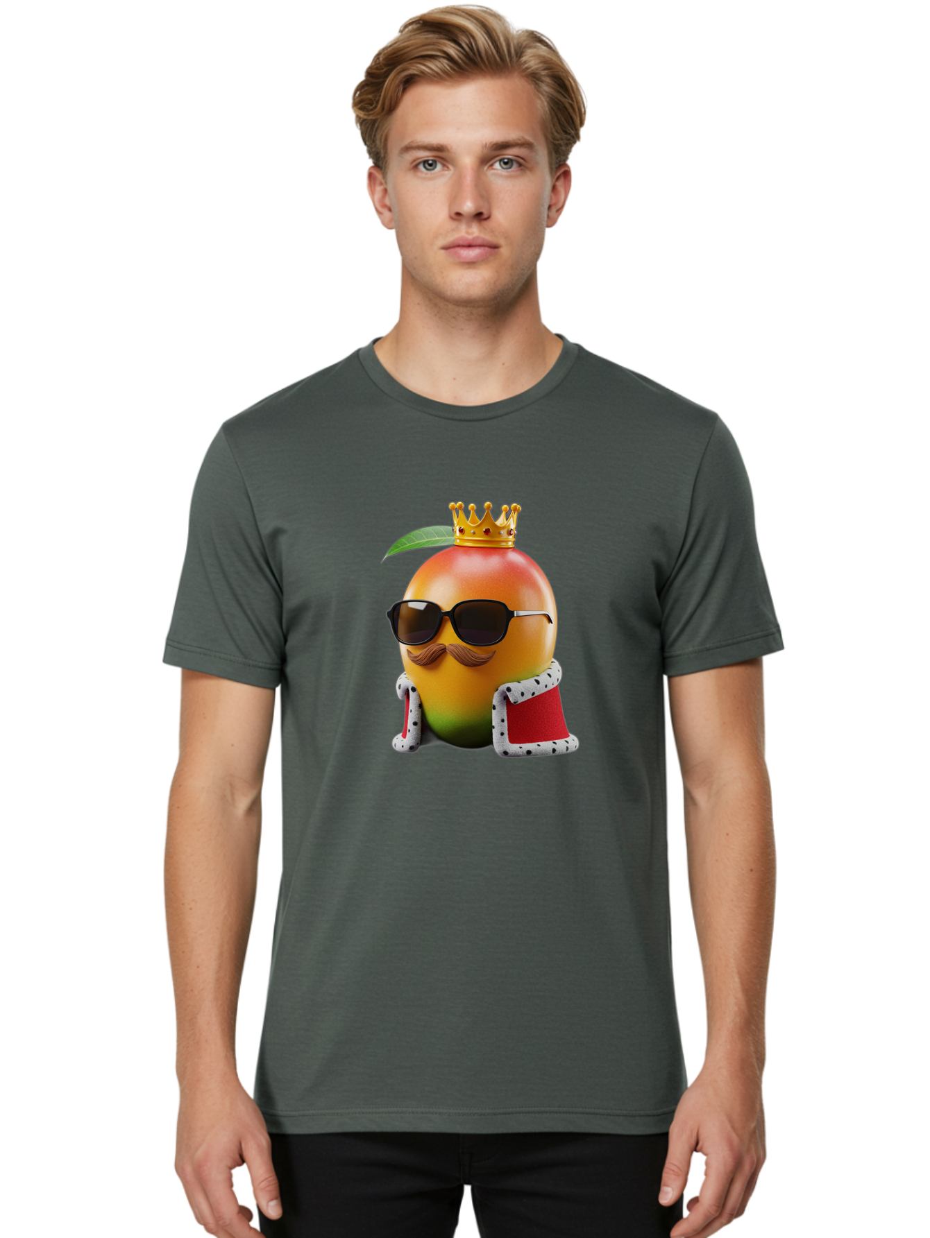 Mango-King Men'S Graphic Tee, 100% Cotton, Comfortable Casual Summer Wear, Machine Washable, Cartoon Mango Character, Mango With Sunglasses, Crown On Mango, Royal Treatment, Funny Fruit, Mango Illustration, Whimsical Design, Playful Art, Bac151