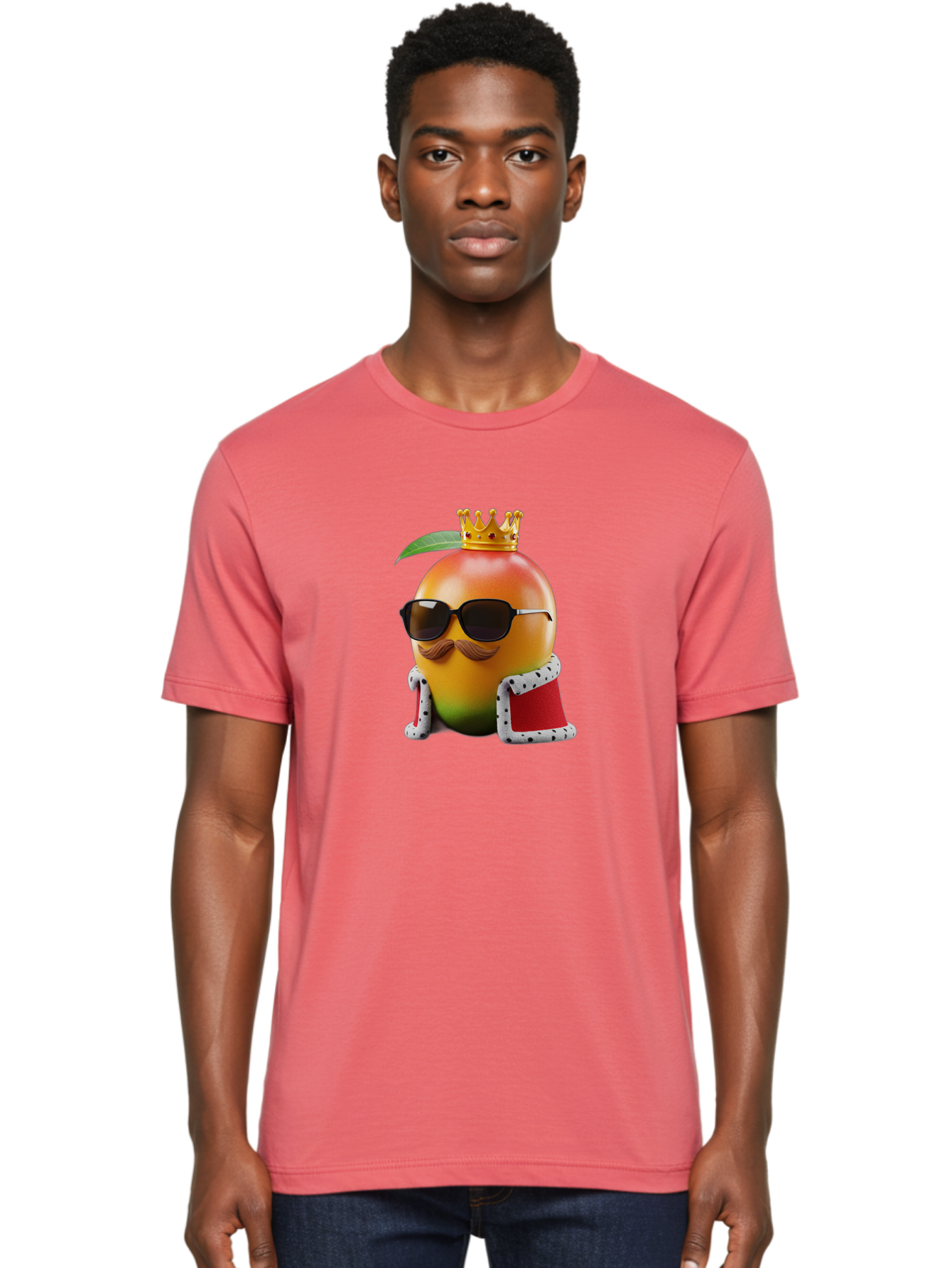 Mango-King Men'S Graphic Tee, 100% Cotton, Comfortable Casual Summer Wear, Machine Washable, Cartoon Mango Character, Mango With Sunglasses, Crown On Mango, Royal Treatment, Funny Fruit, Mango Illustration, Whimsical Design, Playful Art, Bac151