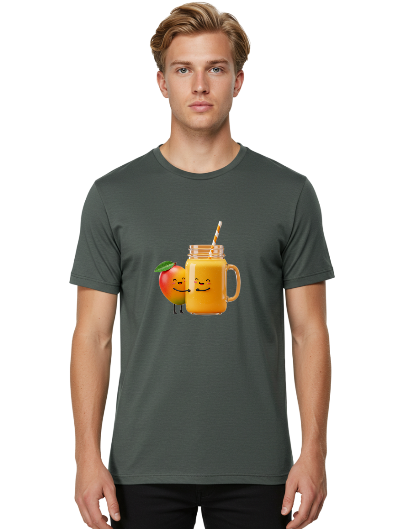 Mango-Smoothie-1 Men'S Graphic Tee, 100% Cotton, Comfortable Casual Summer Wear, Machine Washable, Mango Smoothie, Cartoon Characters, Healthy Drink, Orange Juice, Happy Fruit, Refreshing Beverage, Smiling Face, Straw In Glass Bac153