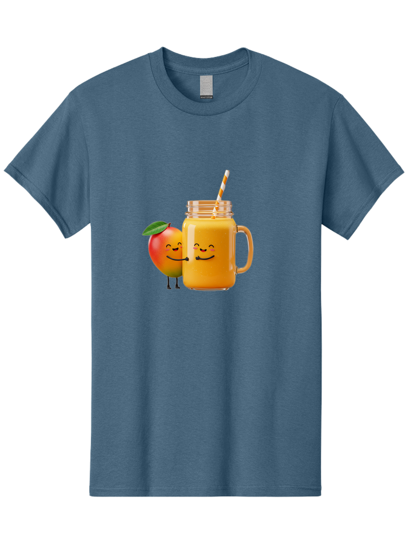 Mango-Smoothie-1 Men'S Graphic Tee, 100% Cotton, Comfortable Casual Summer Wear, Machine Washable, Mango Smoothie, Cartoon Characters, Healthy Drink, Orange Juice, Happy Fruit, Refreshing Beverage, Smiling Face, Straw In Glass Bac153