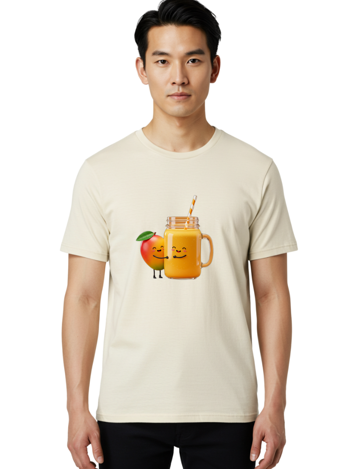 Mango-Smoothie-1 Men'S Graphic Tee, 100% Cotton, Comfortable Casual Summer Wear, Machine Washable, Mango Smoothie, Cartoon Characters, Healthy Drink, Orange Juice, Happy Fruit, Refreshing Beverage, Smiling Face, Straw In Glass Bac153