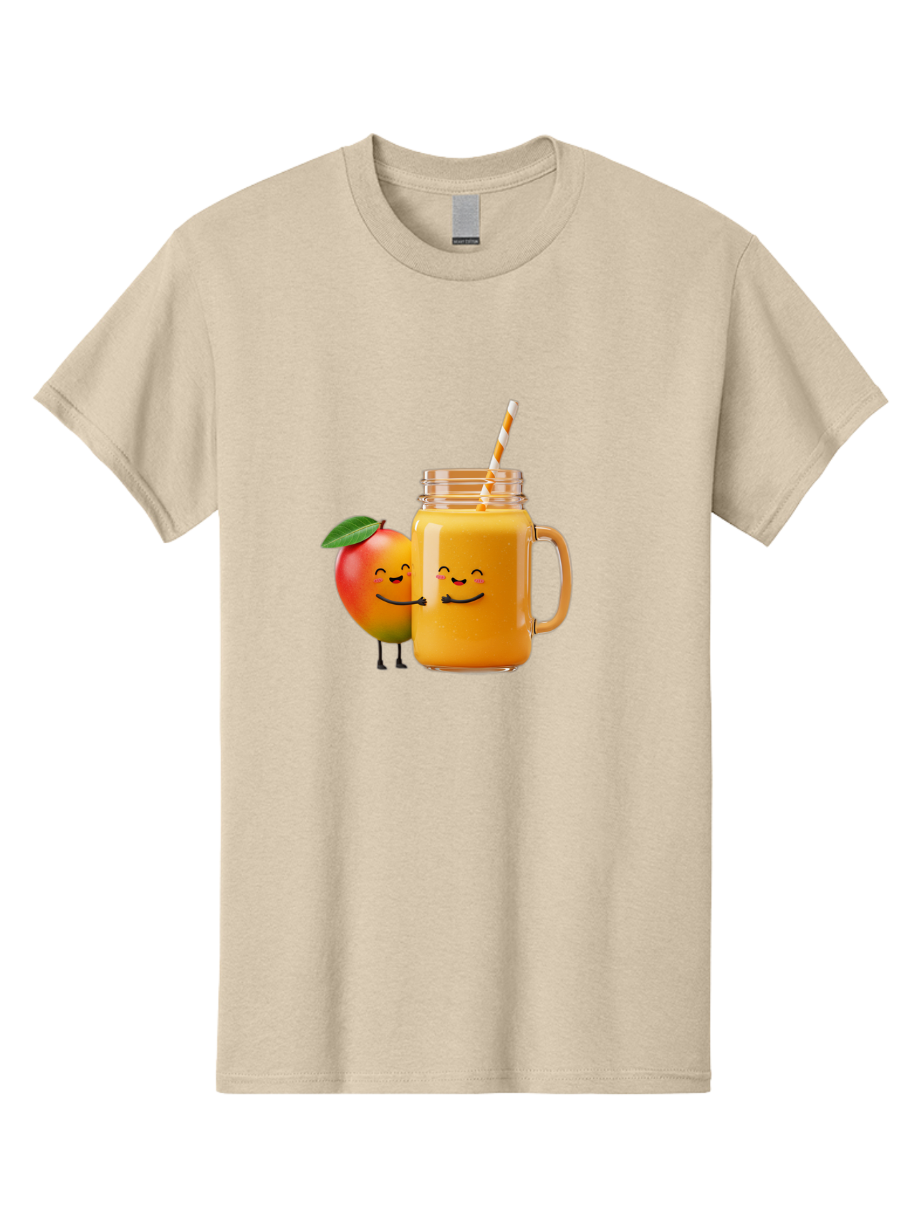 Mango-Smoothie-1 Men'S Graphic Tee, 100% Cotton, Comfortable Casual Summer Wear, Machine Washable, Mango Smoothie, Cartoon Characters, Healthy Drink, Orange Juice, Happy Fruit, Refreshing Beverage, Smiling Face, Straw In Glass Bac153