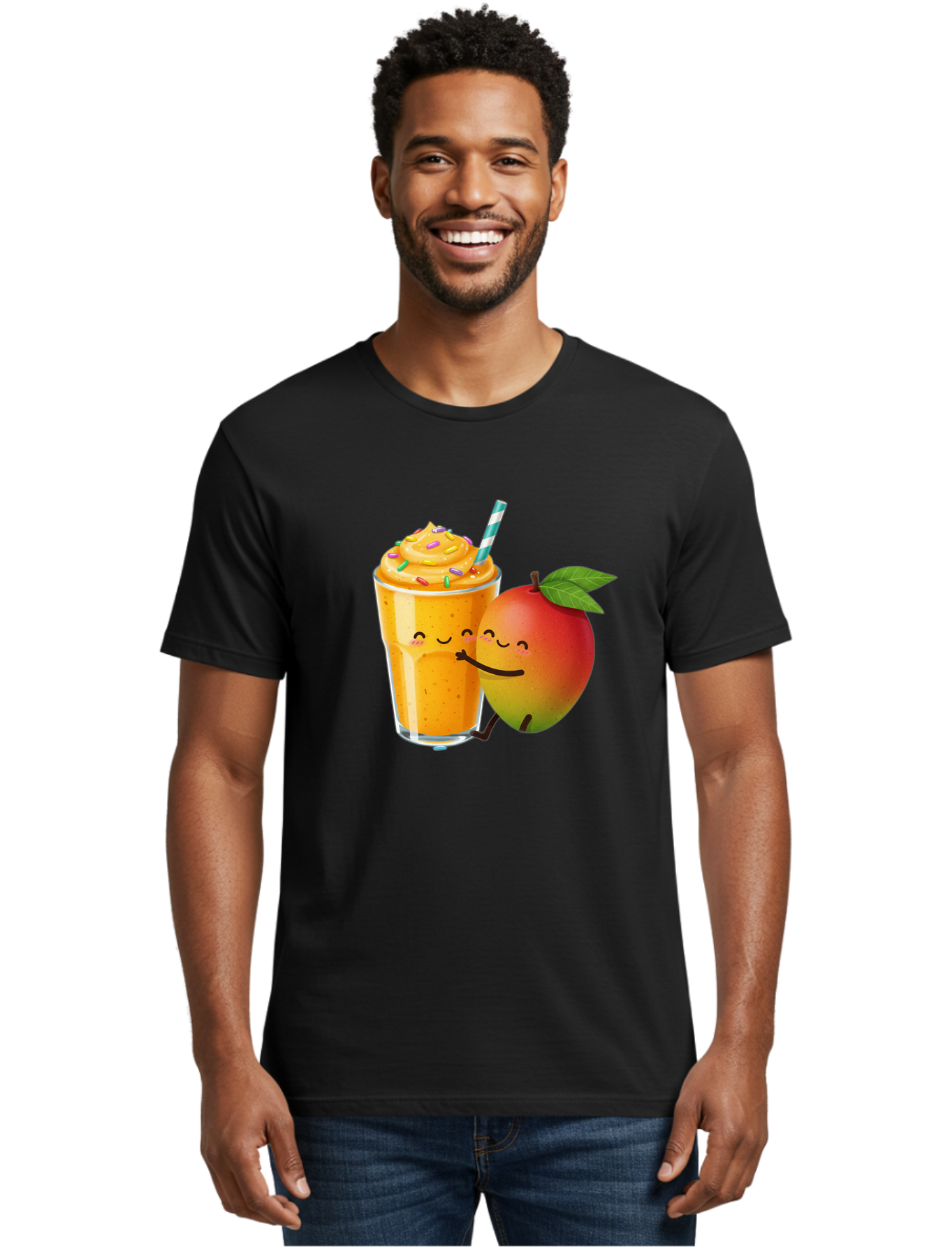 Mango-Smoothie-2 Men'S Graphic Tee, 100% Cotton, Comfortable Casual Summer Wear, Machine Washable, Mango Smoothie, Yellow Drink, Sprinkles On Top, Blue Straw, Cartoon Mango, Smiling Fruit, Happy Beverage, Tasty Treat, Refreshing Drink, Bac154