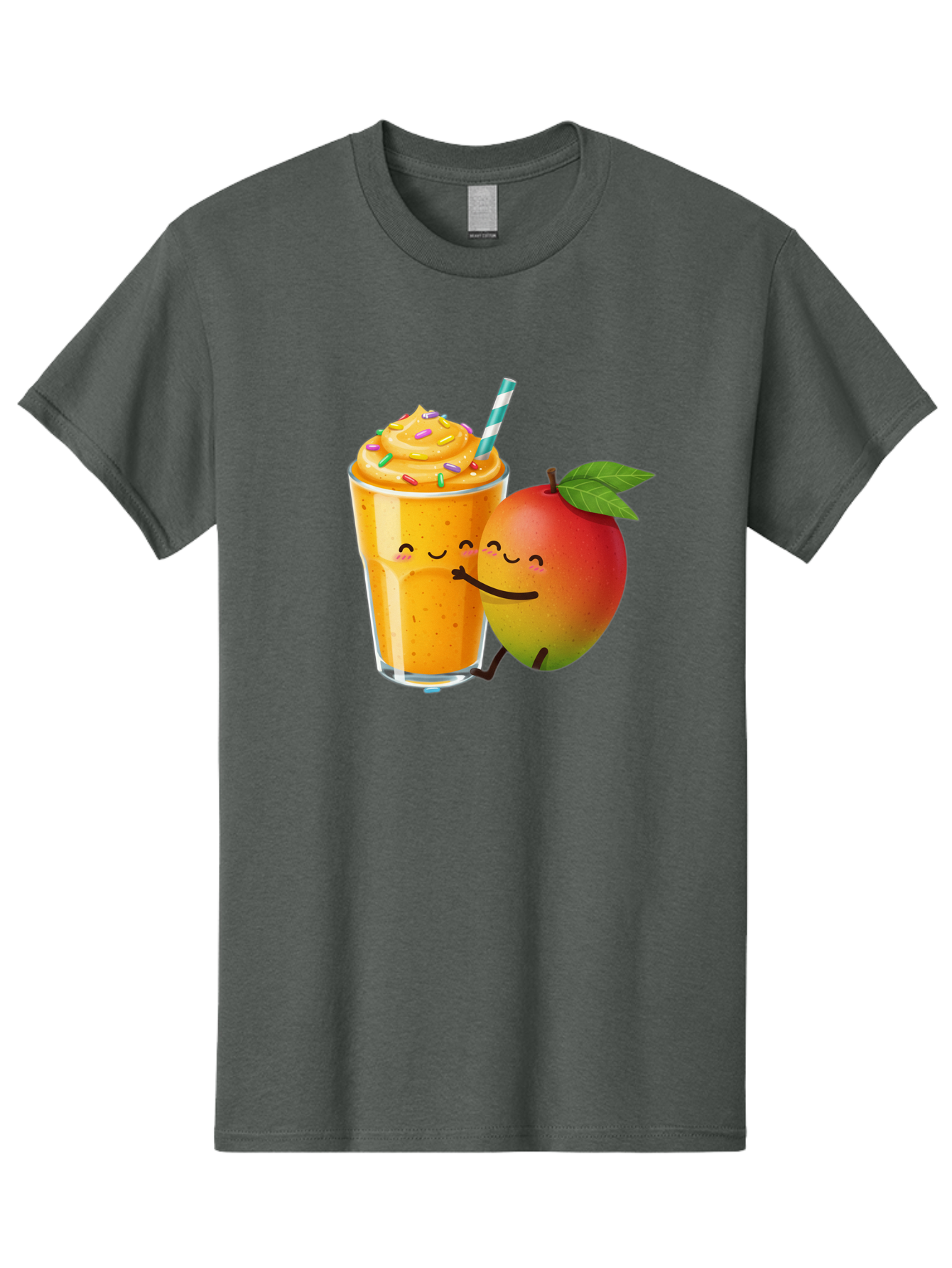 Mango-Smoothie-2 Men'S Graphic Tee, 100% Cotton, Comfortable Casual Summer Wear, Machine Washable, Mango Smoothie, Yellow Drink, Sprinkles On Top, Blue Straw, Cartoon Mango, Smiling Fruit, Happy Beverage, Tasty Treat, Refreshing Drink, Bac154