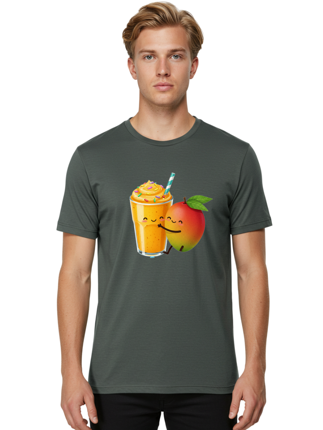 Mango-Smoothie-2 Men'S Graphic Tee, 100% Cotton, Comfortable Casual Summer Wear, Machine Washable, Mango Smoothie, Yellow Drink, Sprinkles On Top, Blue Straw, Cartoon Mango, Smiling Fruit, Happy Beverage, Tasty Treat, Refreshing Drink, Bac154
