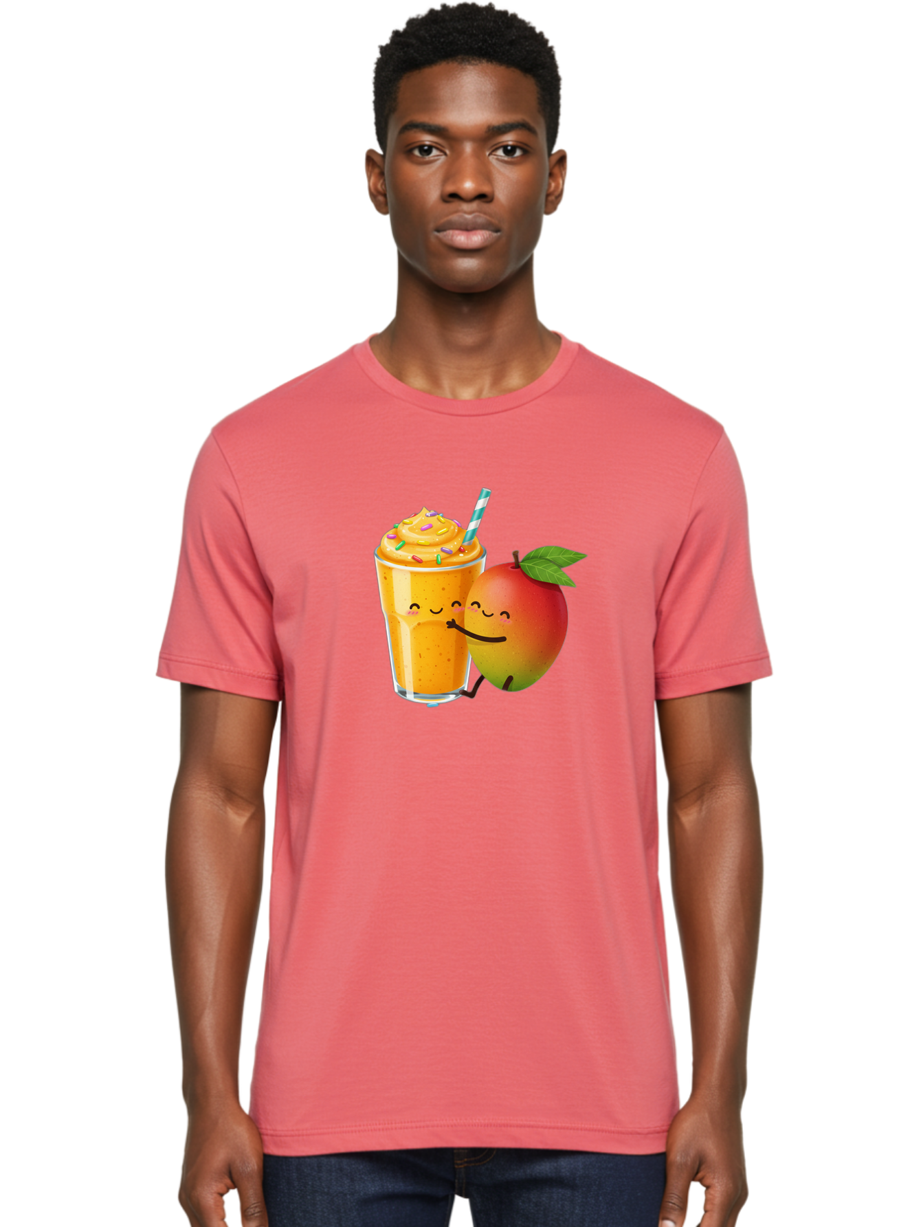 Mango-Smoothie-2 Men'S Graphic Tee, 100% Cotton, Comfortable Casual Summer Wear, Machine Washable, Mango Smoothie, Yellow Drink, Sprinkles On Top, Blue Straw, Cartoon Mango, Smiling Fruit, Happy Beverage, Tasty Treat, Refreshing Drink, Bac154