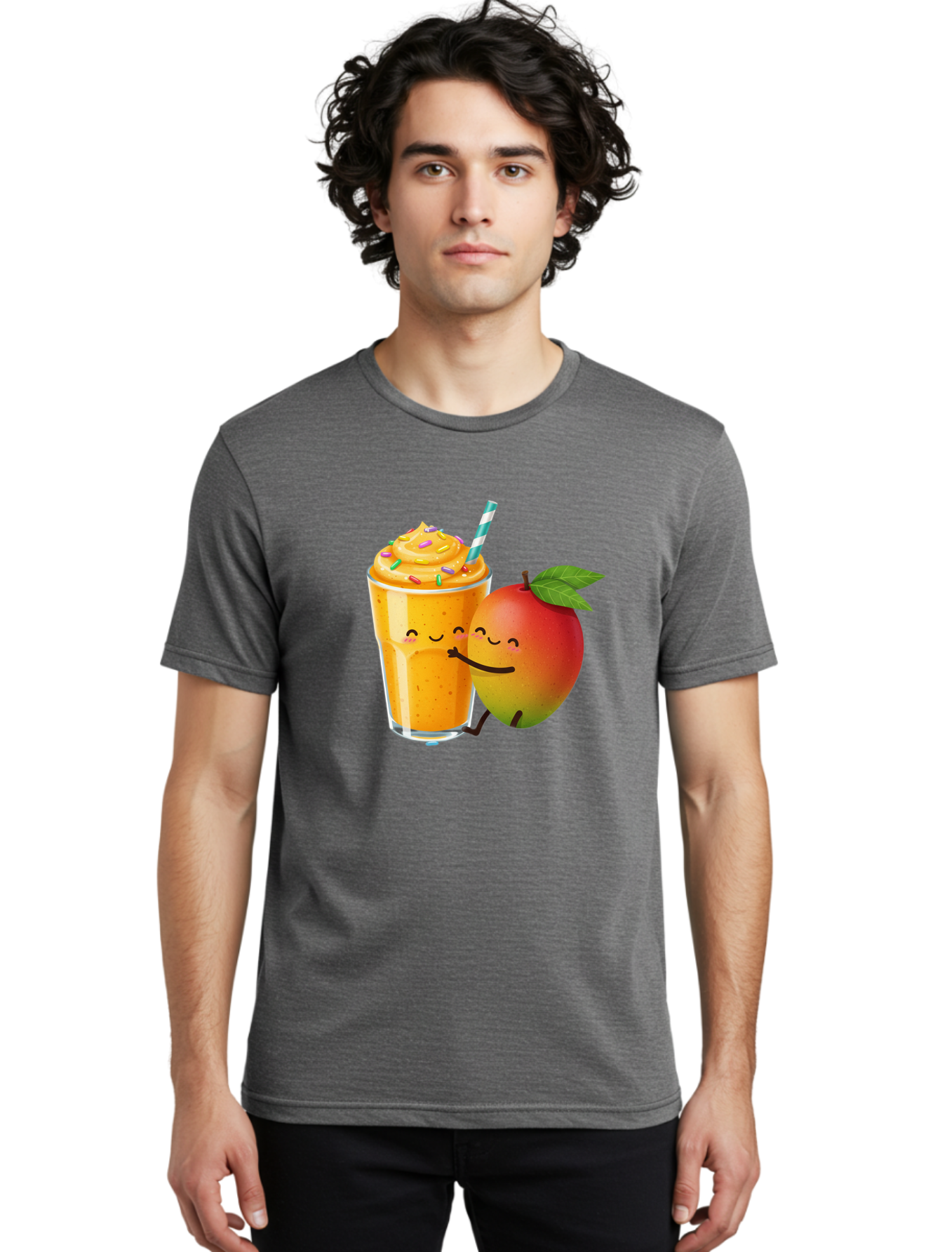 Mango-Smoothie-2 Men'S Graphic Tee, 100% Cotton, Comfortable Casual Summer Wear, Machine Washable, Mango Smoothie, Yellow Drink, Sprinkles On Top, Blue Straw, Cartoon Mango, Smiling Fruit, Happy Beverage, Tasty Treat, Refreshing Drink, Bac154