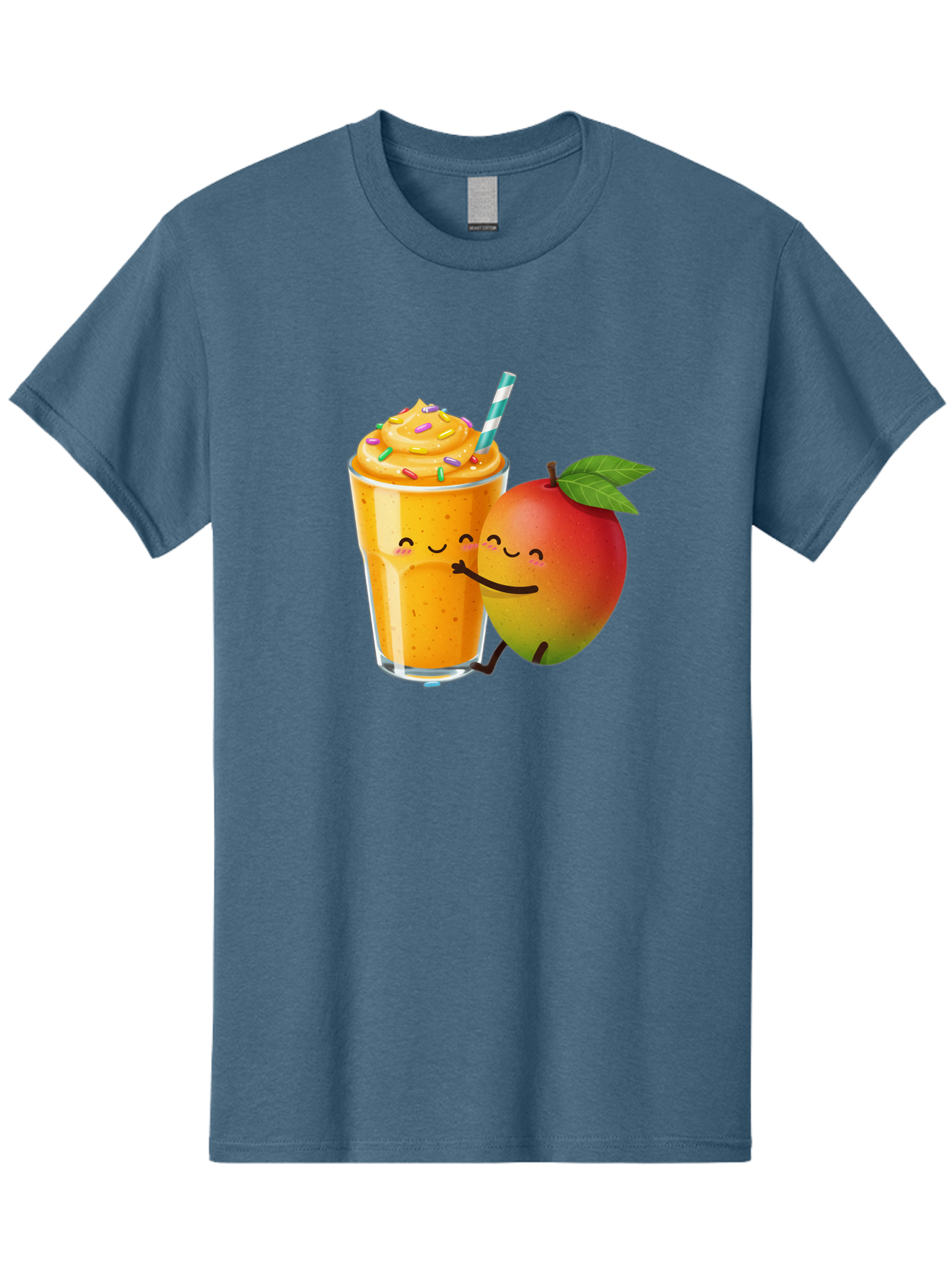 Mango-Smoothie-2 Men'S Graphic Tee, 100% Cotton, Comfortable Casual Summer Wear, Machine Washable, Mango Smoothie, Yellow Drink, Sprinkles On Top, Blue Straw, Cartoon Mango, Smiling Fruit, Happy Beverage, Tasty Treat, Refreshing Drink, Bac154