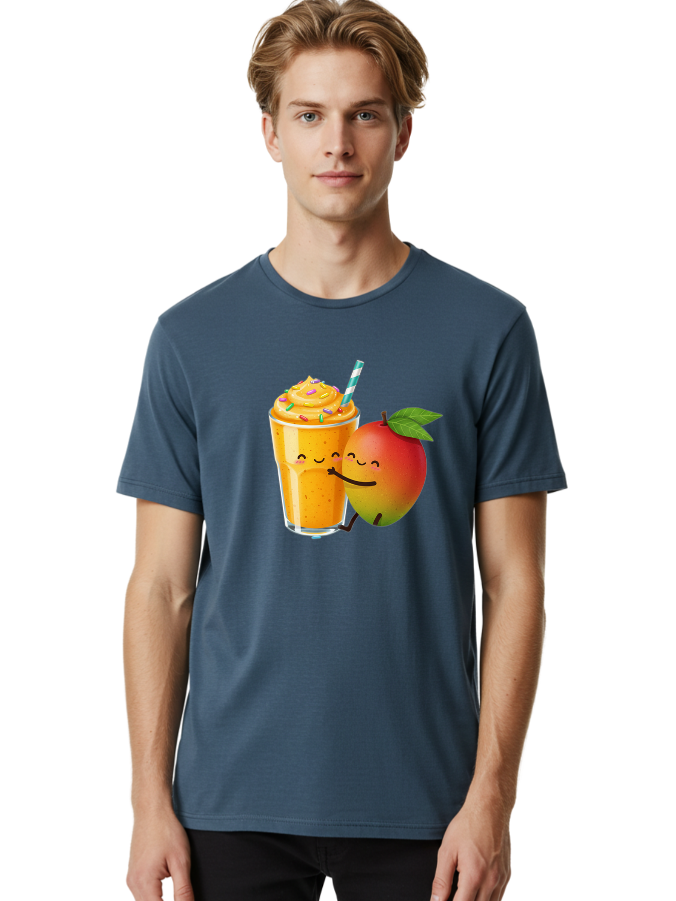 Mango-Smoothie-2 Men'S Graphic Tee, 100% Cotton, Comfortable Casual Summer Wear, Machine Washable, Mango Smoothie, Yellow Drink, Sprinkles On Top, Blue Straw, Cartoon Mango, Smiling Fruit, Happy Beverage, Tasty Treat, Refreshing Drink, Bac154