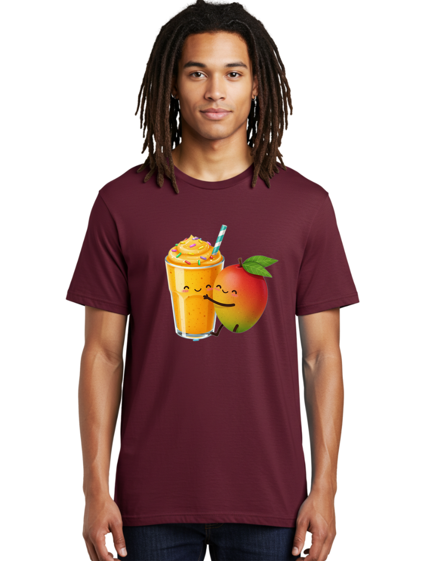 Mango-Smoothie-2 Men'S Graphic Tee, 100% Cotton, Comfortable Casual Summer Wear, Machine Washable, Mango Smoothie, Yellow Drink, Sprinkles On Top, Blue Straw, Cartoon Mango, Smiling Fruit, Happy Beverage, Tasty Treat, Refreshing Drink, Bac154