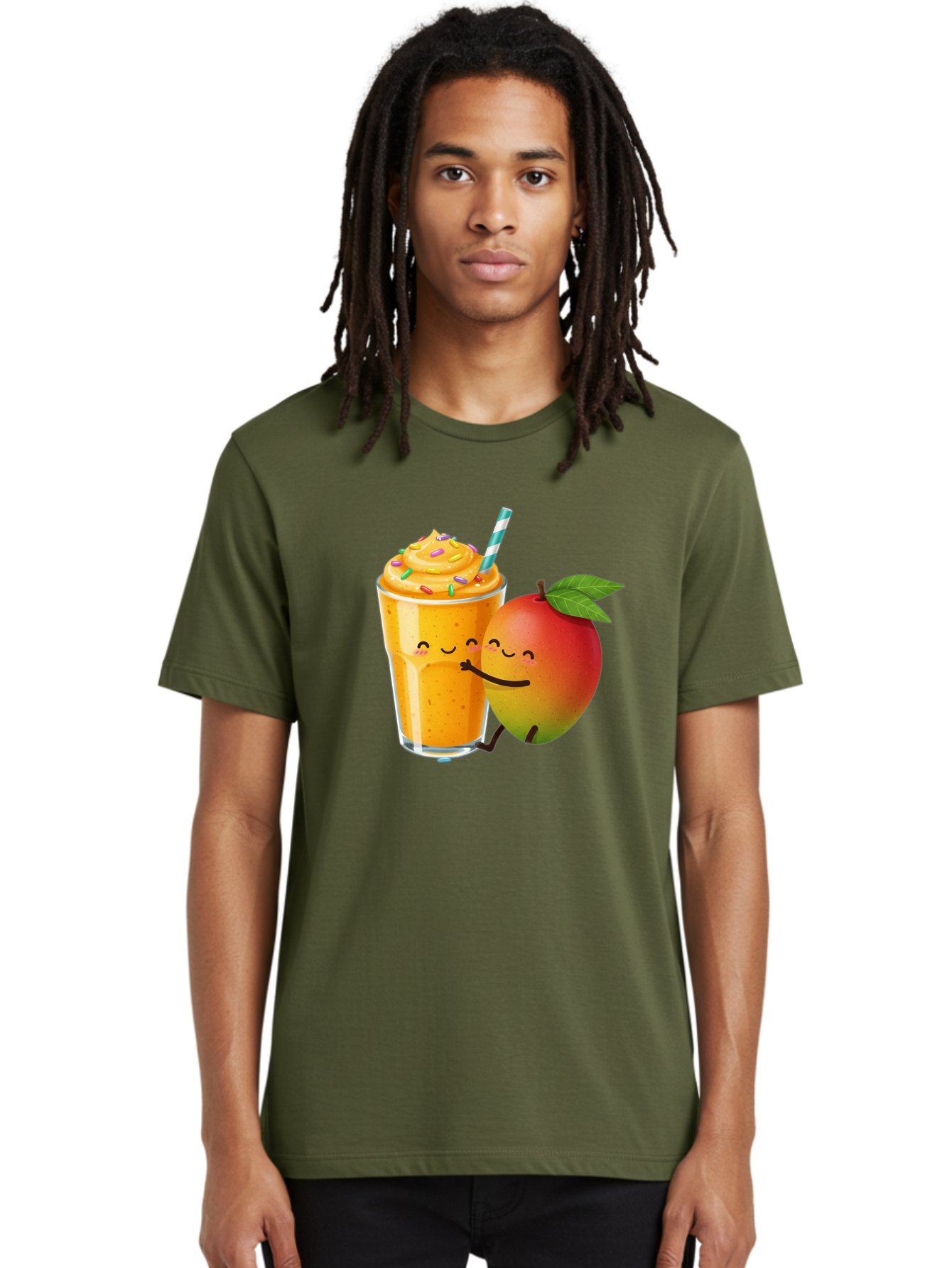 Mango-Smoothie-2 Men'S Graphic Tee, 100% Cotton, Comfortable Casual Summer Wear, Machine Washable, Mango Smoothie, Yellow Drink, Sprinkles On Top, Blue Straw, Cartoon Mango, Smiling Fruit, Happy Beverage, Tasty Treat, Refreshing Drink, Bac154