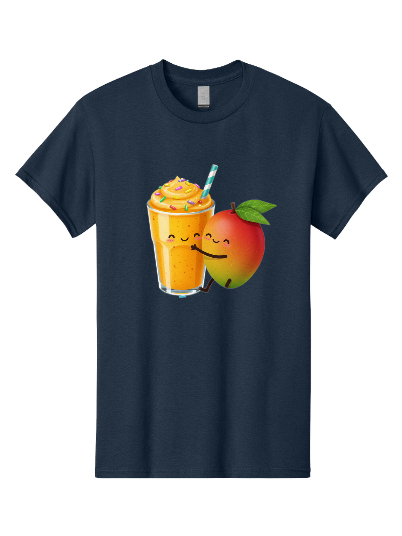 Mango-Smoothie-2 Men'S Graphic Tee, 100% Cotton, Comfortable Casual Summer Wear, Machine Washable, Mango Smoothie, Yellow Drink, Sprinkles On Top, Blue Straw, Cartoon Mango, Smiling Fruit, Happy Beverage, Tasty Treat, Refreshing Drink, Bac154