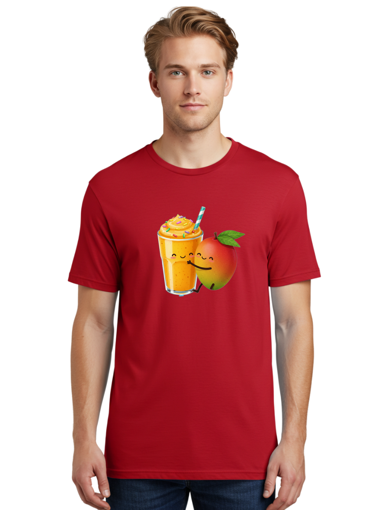 Mango-Smoothie-2 Men'S Graphic Tee, 100% Cotton, Comfortable Casual Summer Wear, Machine Washable, Mango Smoothie, Yellow Drink, Sprinkles On Top, Blue Straw, Cartoon Mango, Smiling Fruit, Happy Beverage, Tasty Treat, Refreshing Drink, Bac154