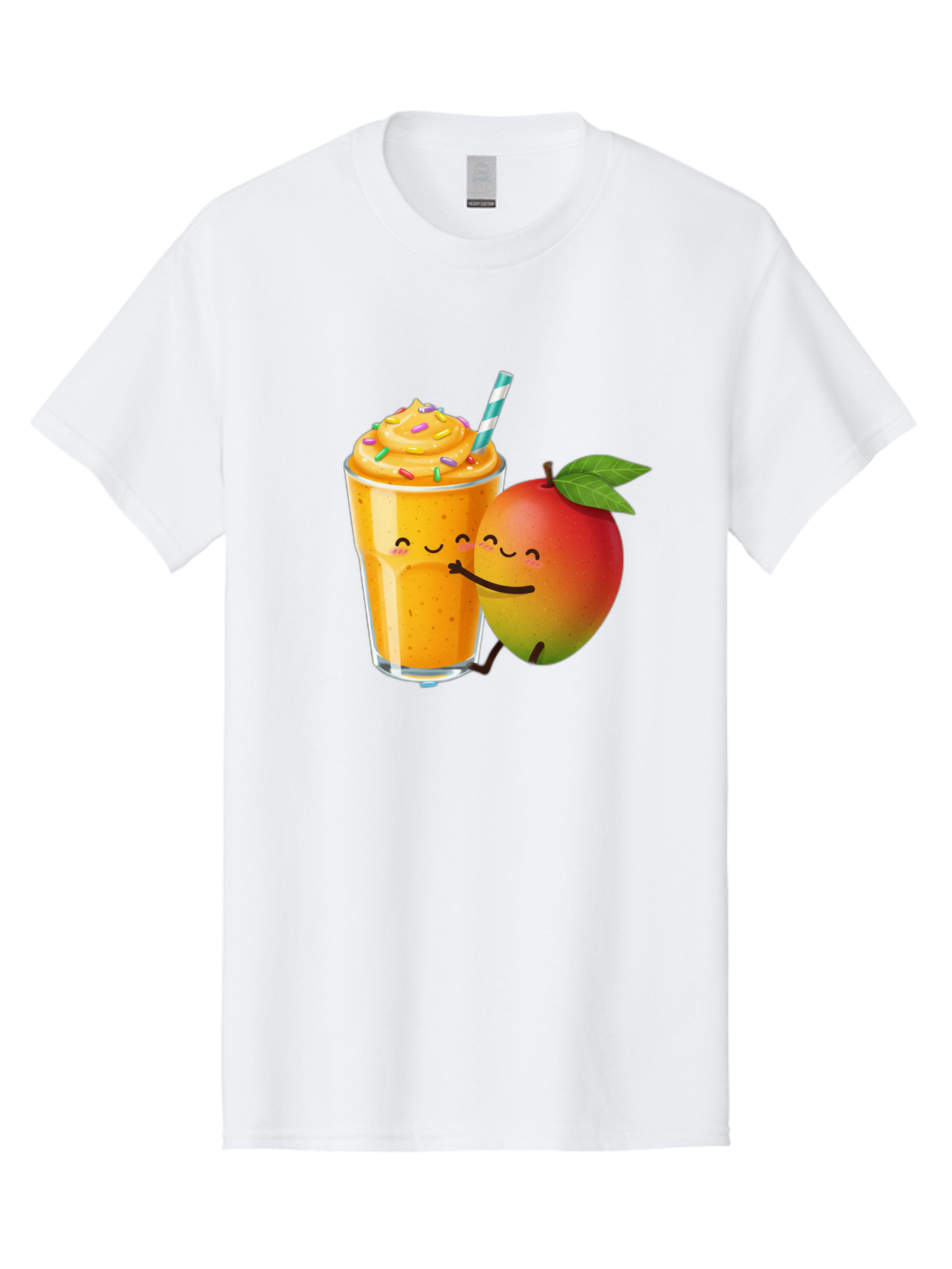 Mango-Smoothie-2 Men'S Graphic Tee, 100% Cotton, Comfortable Casual Summer Wear, Machine Washable, Mango Smoothie, Yellow Drink, Sprinkles On Top, Blue Straw, Cartoon Mango, Smiling Fruit, Happy Beverage, Tasty Treat, Refreshing Drink, Bac154