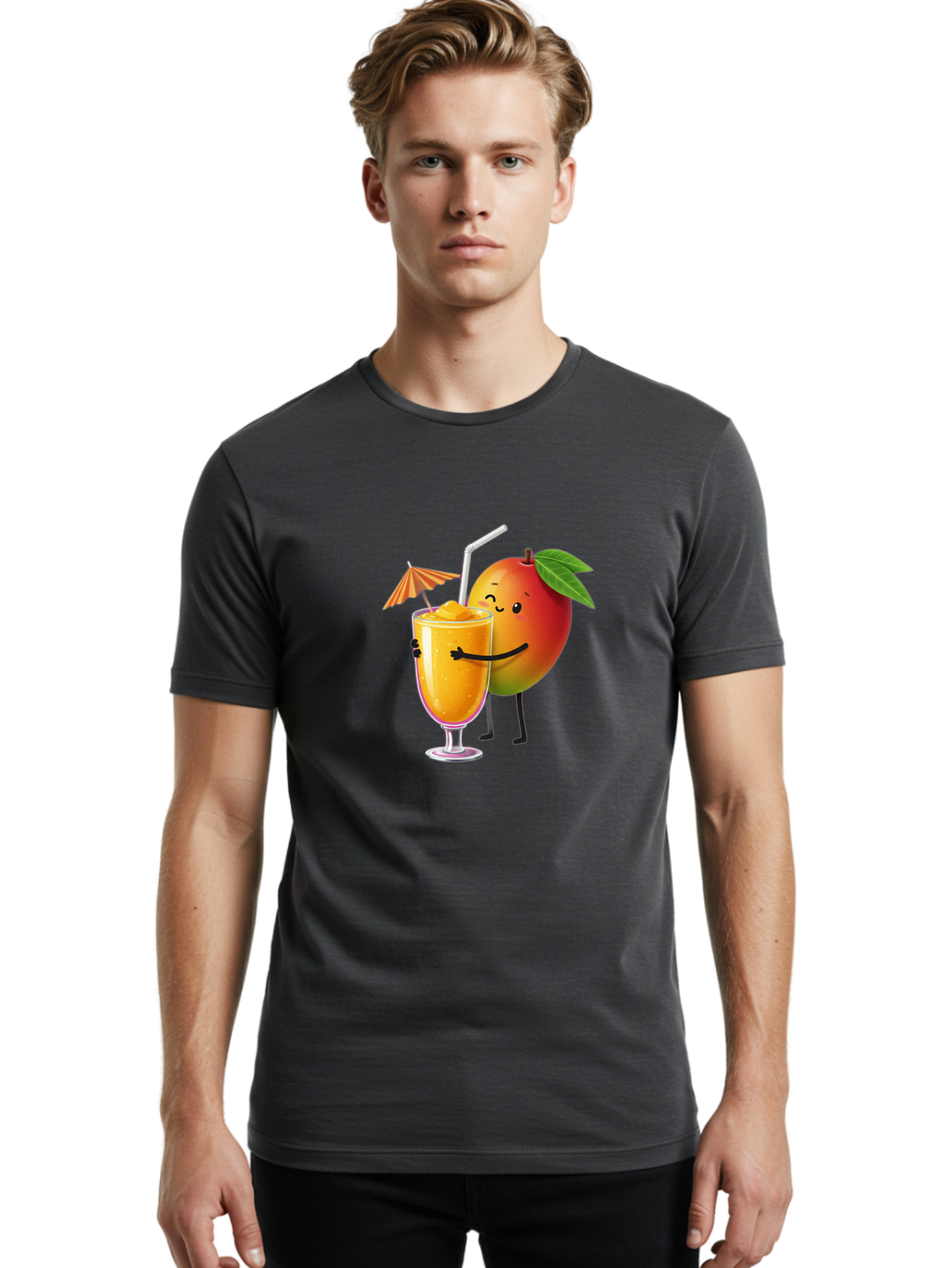 Mango-Smoothie-3 Men'S Graphic Tee, 100% Cotton, Comfortable Casual Summer Wear, Machine Washable, Mango Character, Smiling Face, Orange Drink, Straw, Umbrella, Cartoon Style, Funny, Vibrant Orange, Tropical Flavors, Happy Emoji, Smoothie, Bac155
