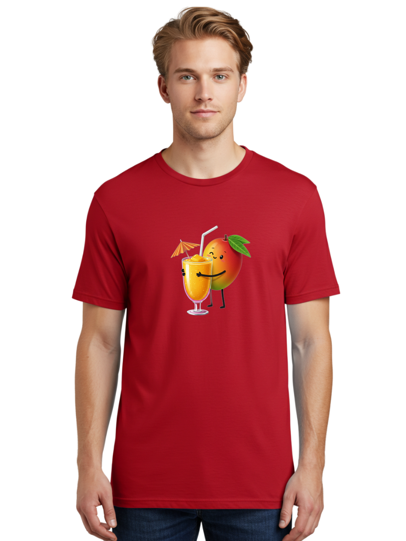 Mango-Smoothie-3 Men'S Graphic Tee, 100% Cotton, Comfortable Casual Summer Wear, Machine Washable, Mango Character, Smiling Face, Orange Drink, Straw, Umbrella, Cartoon Style, Funny, Vibrant Orange, Tropical Flavors, Happy Emoji, Smoothie, Bac155