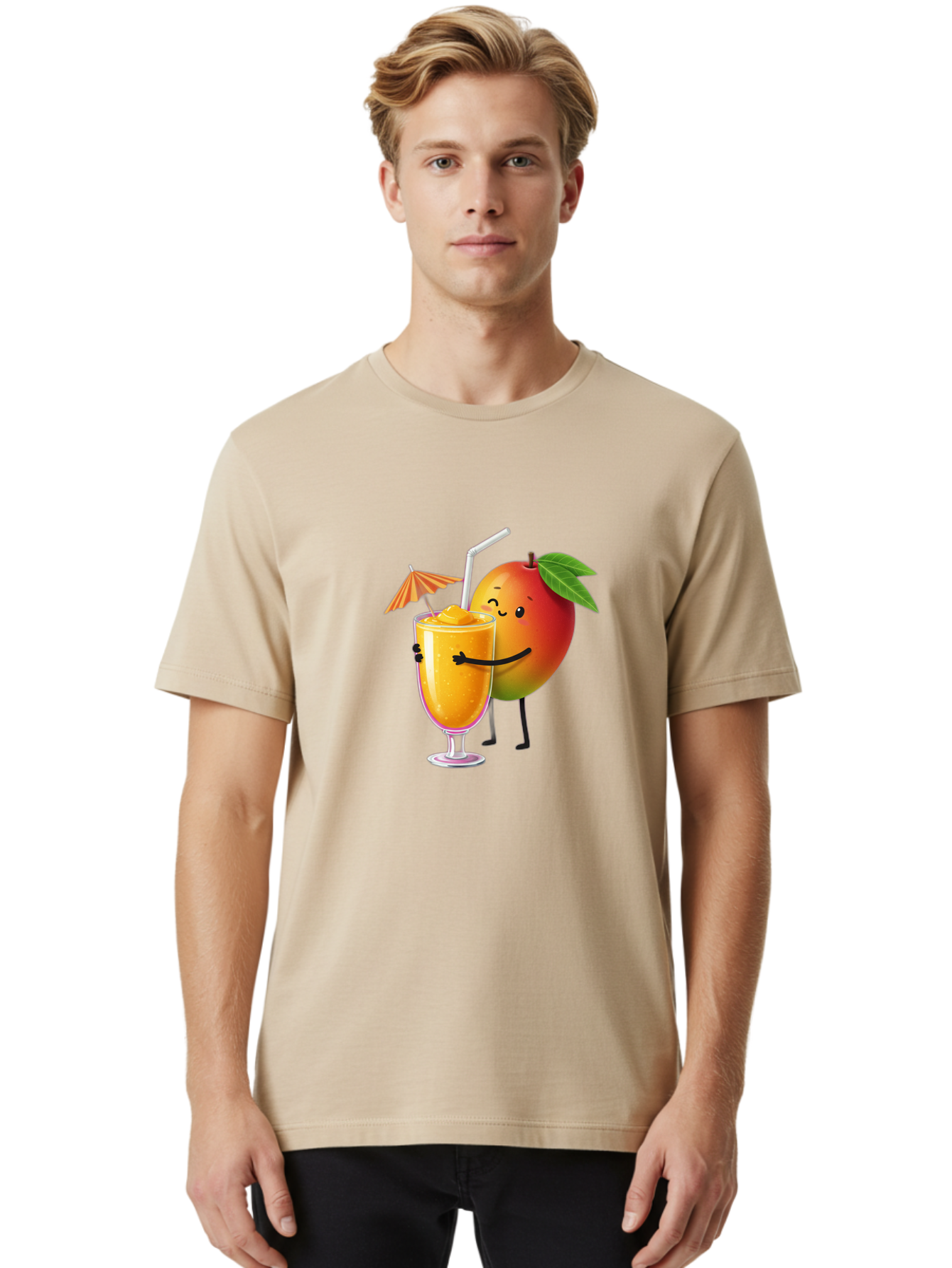 Mango-Smoothie-3 Men'S Graphic Tee, 100% Cotton, Comfortable Casual Summer Wear, Machine Washable, Mango Character, Smiling Face, Orange Drink, Straw, Umbrella, Cartoon Style, Funny, Vibrant Orange, Tropical Flavors, Happy Emoji, Smoothie, Bac155