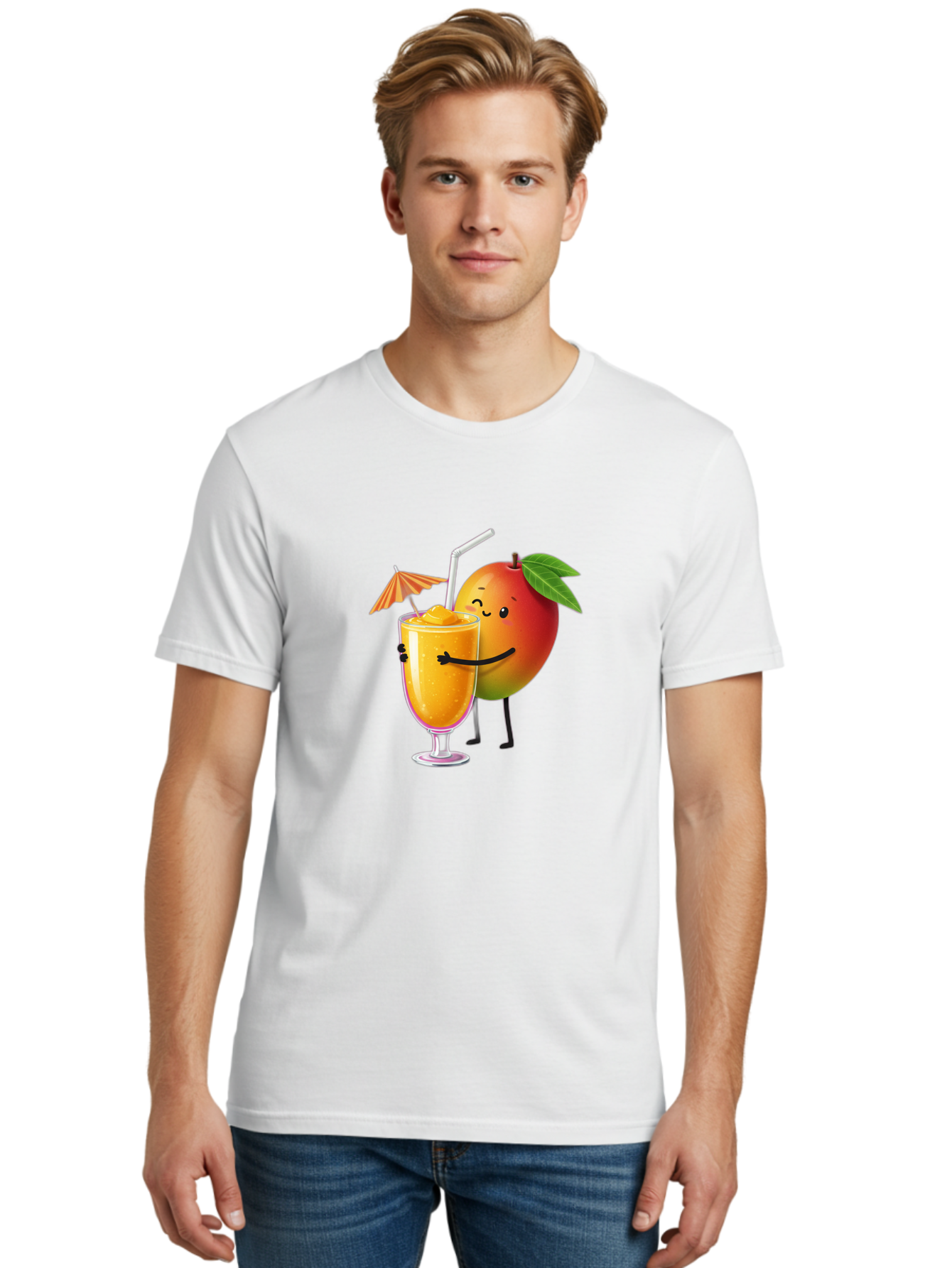 Mango-Smoothie-3 Men'S Graphic Tee, 100% Cotton, Comfortable Casual Summer Wear, Machine Washable, Mango Character, Smiling Face, Orange Drink, Straw, Umbrella, Cartoon Style, Funny, Vibrant Orange, Tropical Flavors, Happy Emoji, Smoothie, Bac155