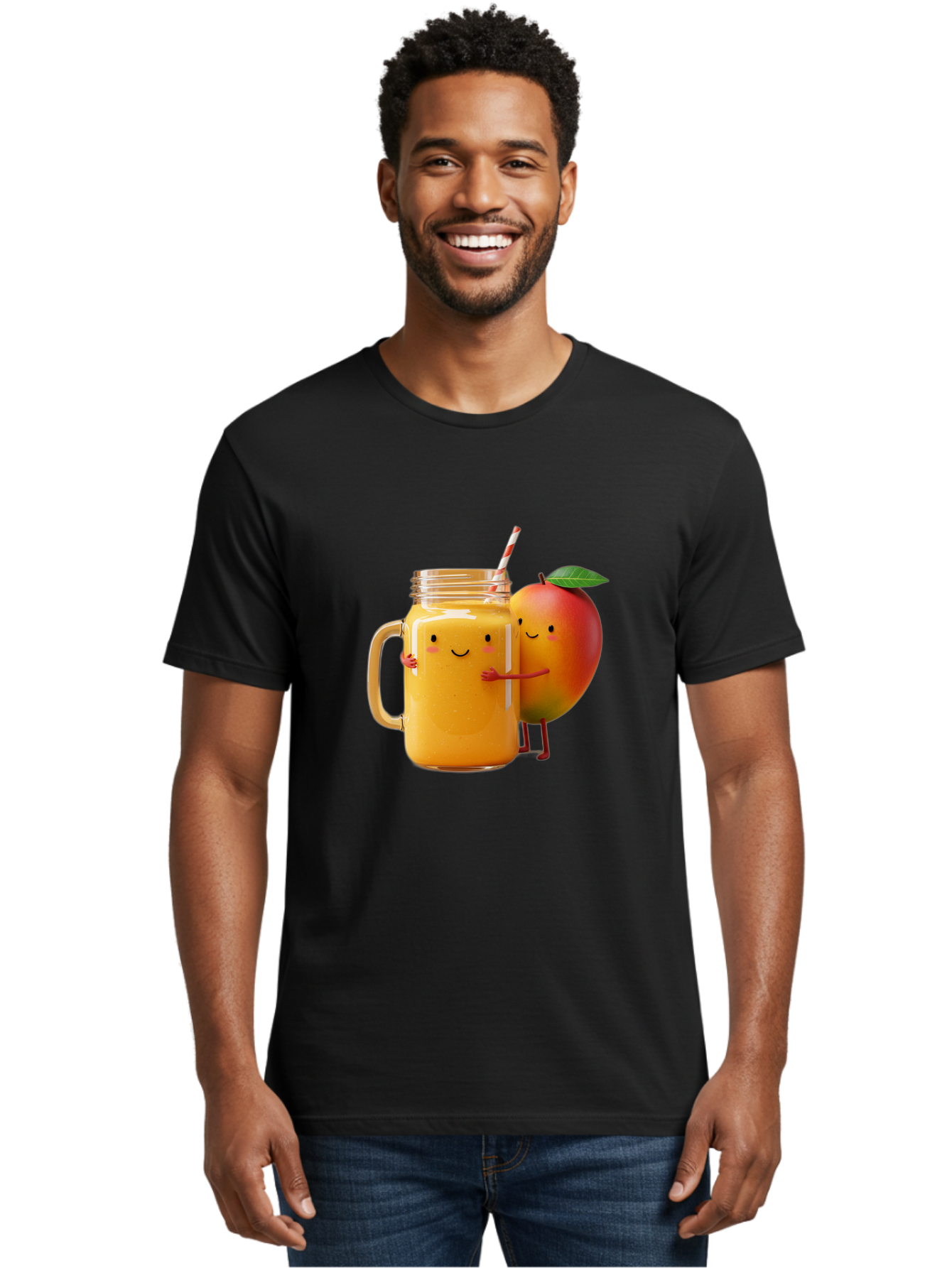 Mango-Smoothie-4 Men'S Graphic Tee, 100% Cotton, Comfortable Casual Summer Wear, Machine Washable, Mason Jar With Straw, Smiling Jar, Mango Character, Orange Smoothie, Healthy Drink, Cartoon-Style Illustration, Smiling Faces, Happy Vibe, Bac156